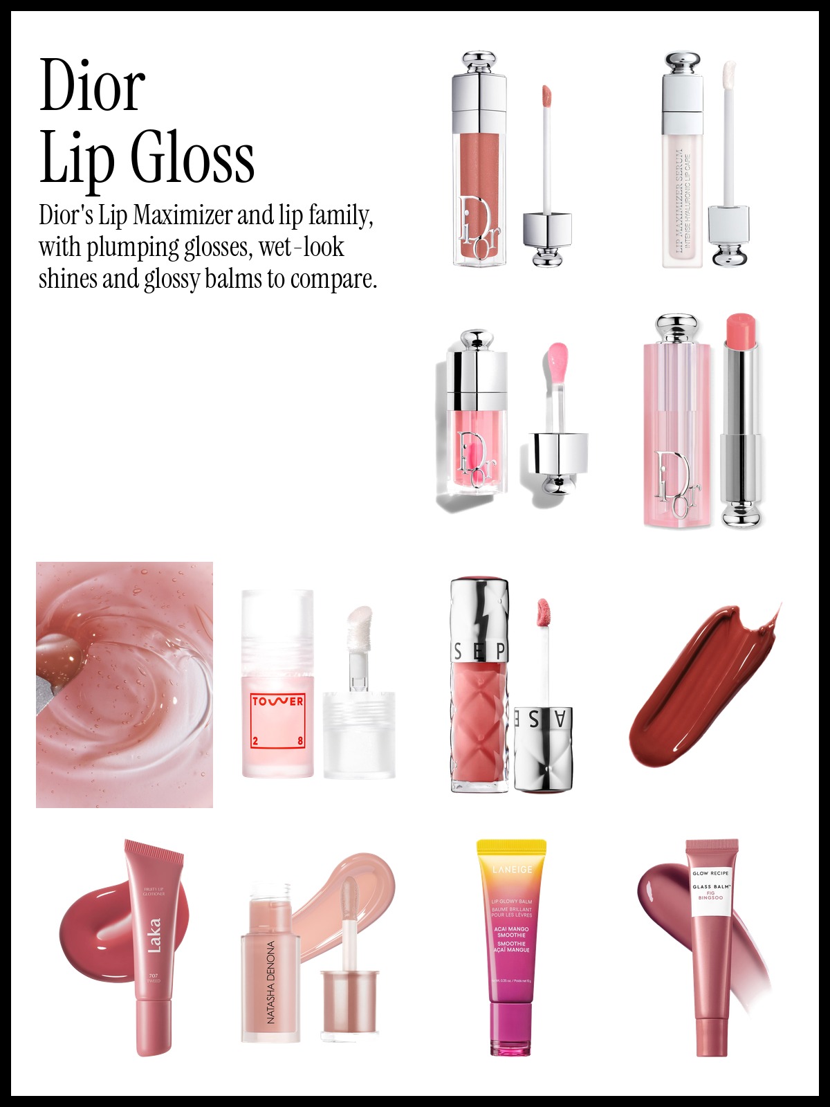 Collage of Dior Addict Lip Maximizer Gloss, Dior Lip Maximizer Serum and Fara Homidi Soft Glass Plumping Lip Oil