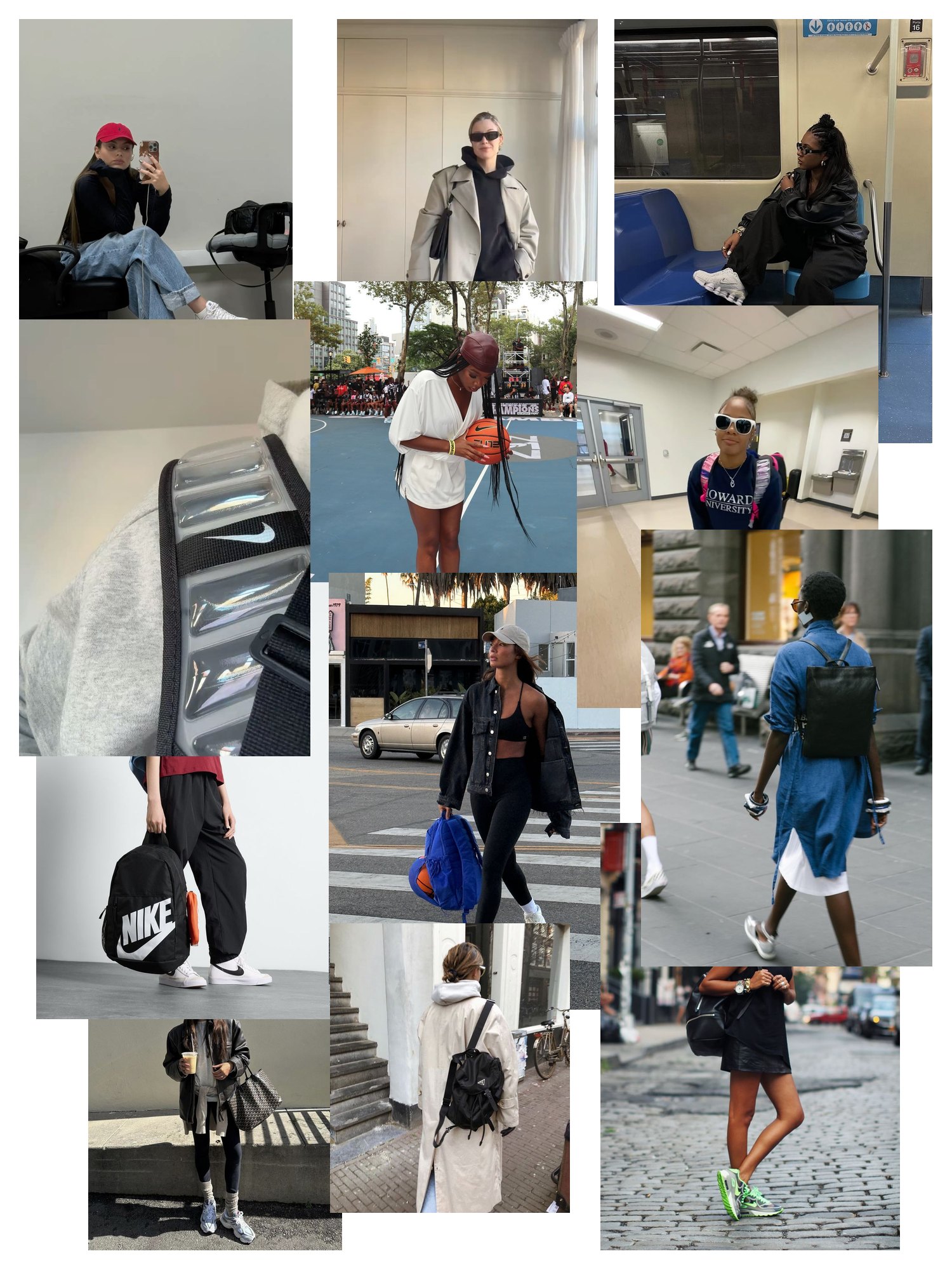 Street-style collage of 12 outfit photos featuring nike elite backpack, scattered and overlapping