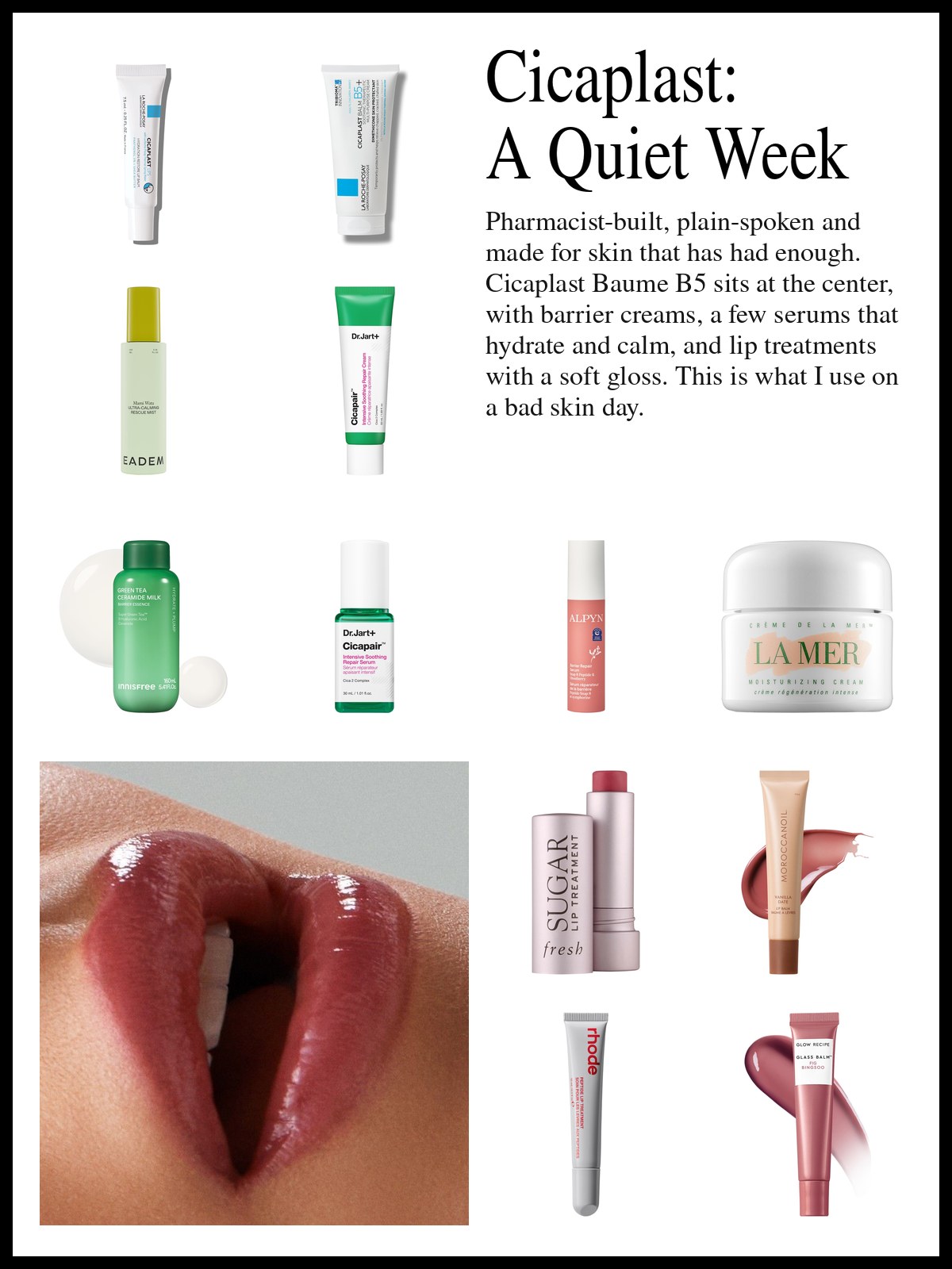 Collage of barrier creams, serums and lip treatments beside a close-up photo of glossy, berry-red lips photographed at an angle against a pale gray background.