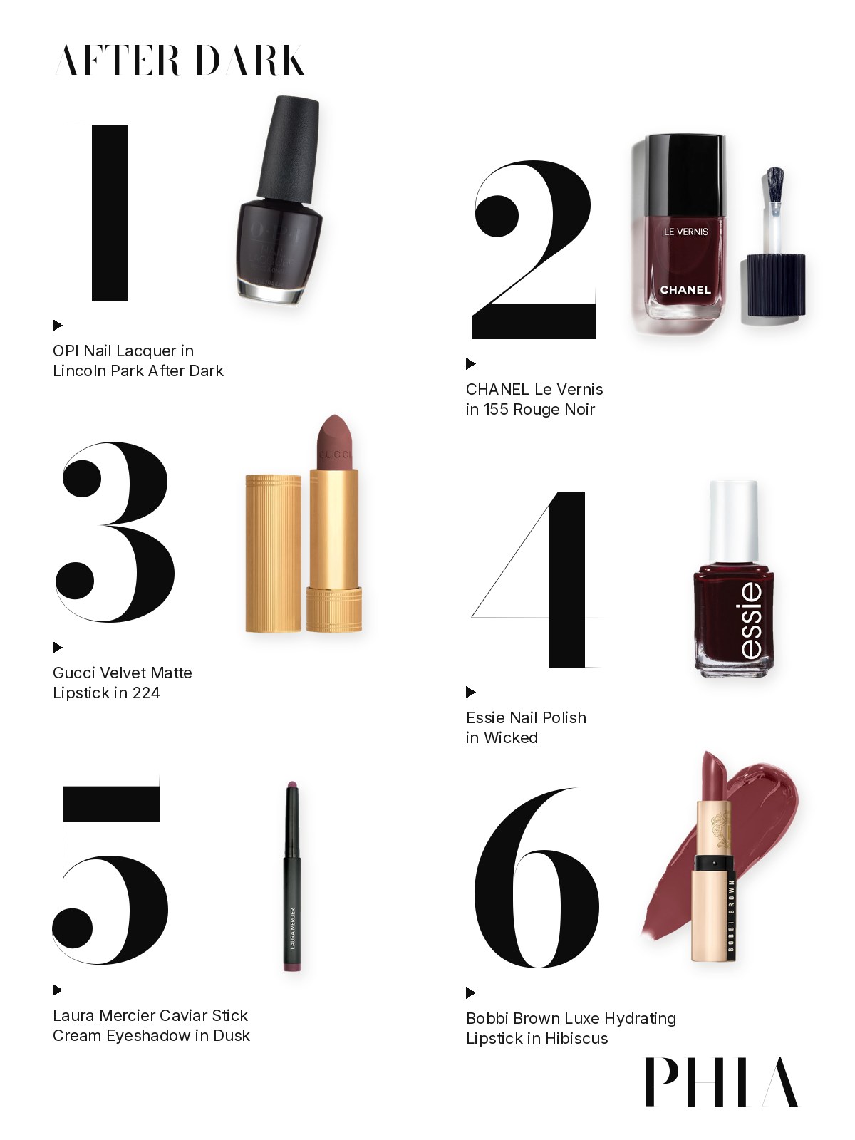 Big numbers collage for Lincoln Park After Dark: six products from OPI, Chanel, Gucci, Essie, Laura Mercier and Bobbi Brown, each set beside a large numeral