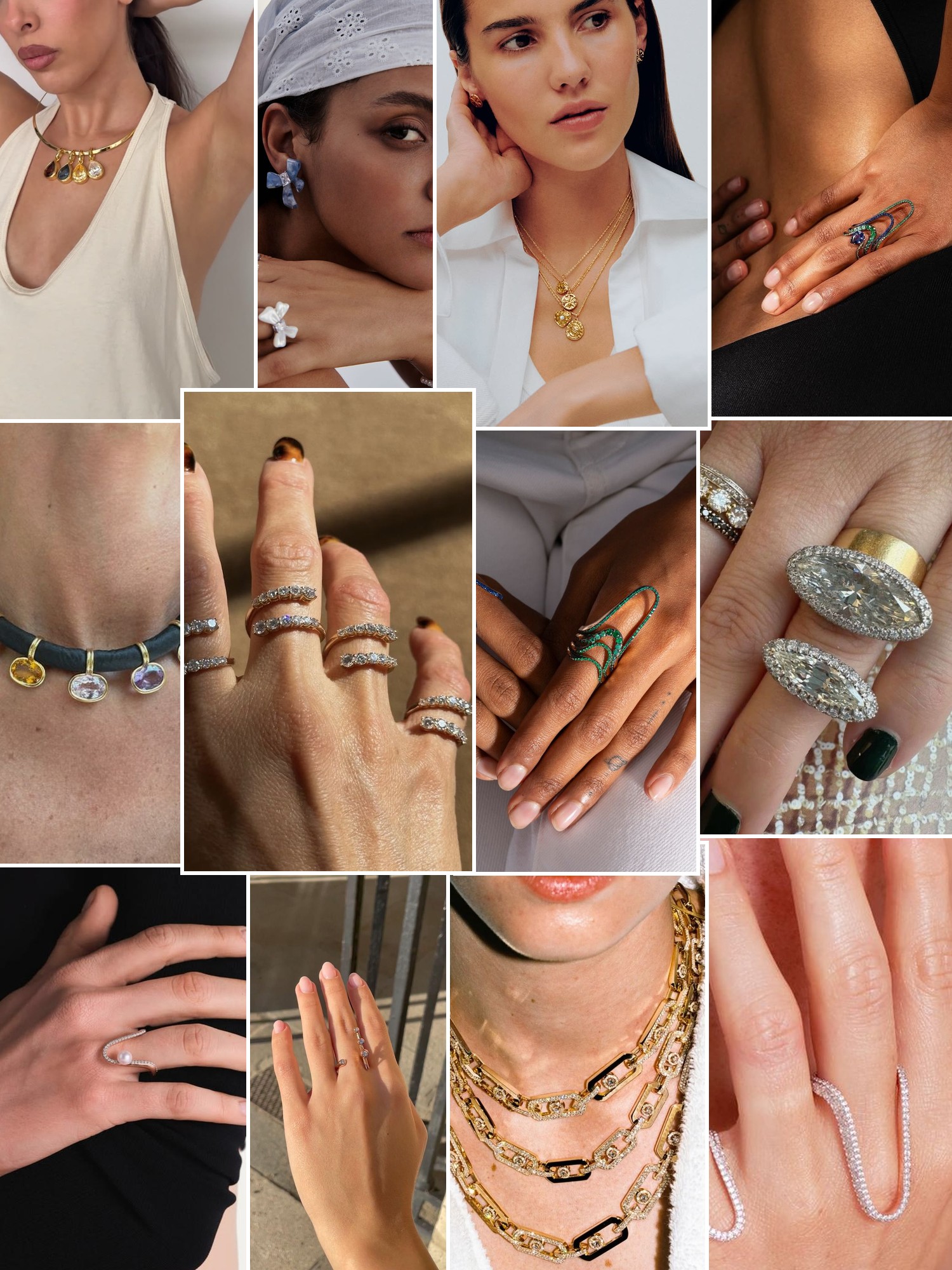 Collage of rings, earrings and layered necklaces worn up close, in the spirit of Marie Mas