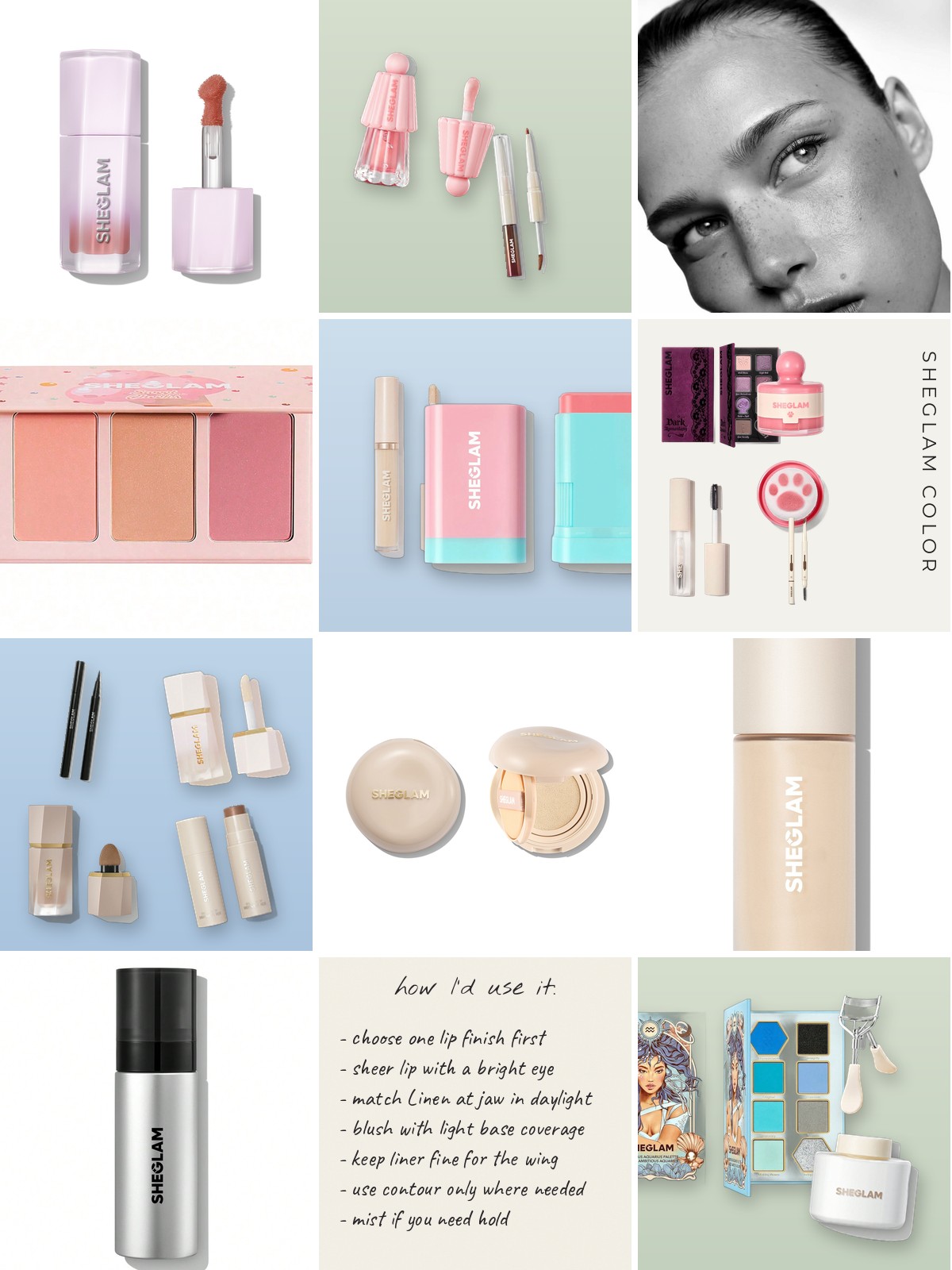 Collage: twenty SHEGLAM products with a how I would use it note