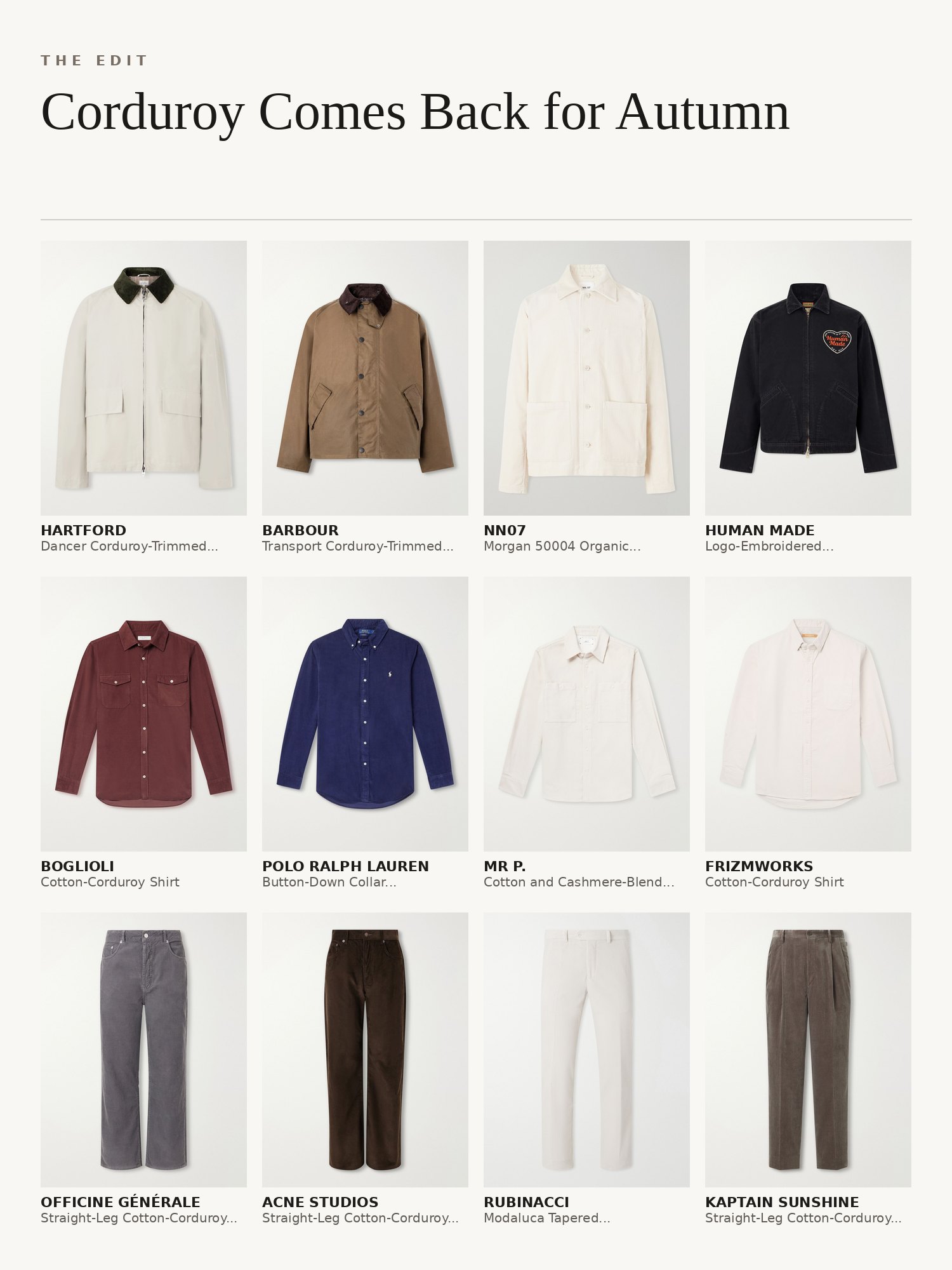 Collage of corduroy menswear: corduroy jackets, overshirts and straight-leg trousers in brown, navy and ecru