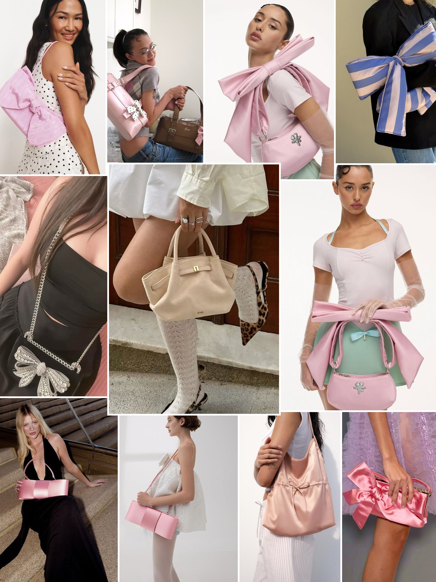 Collage of bow handbags with feminine outfits
