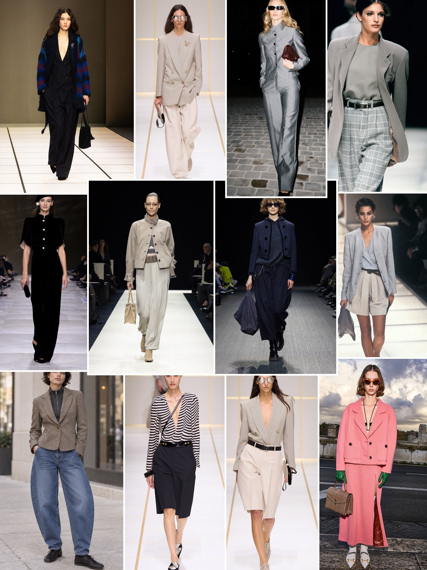 A collage of refined women's tailoring, relaxed suits, crisp separates, and runway looks in muted tones.