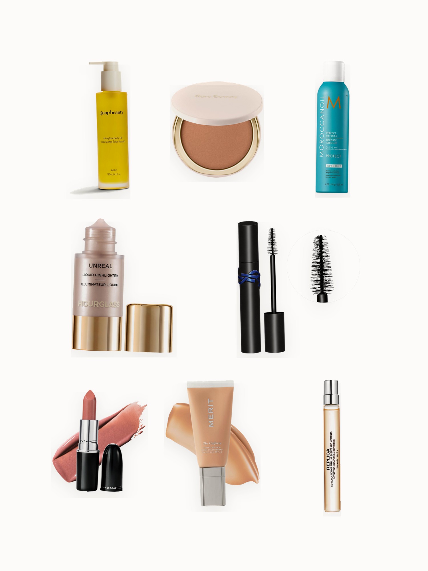 Flat lay of body oil, tinted sunscreen, waterproof mascara, bronzer, highlighter and lipstick on an off-white background