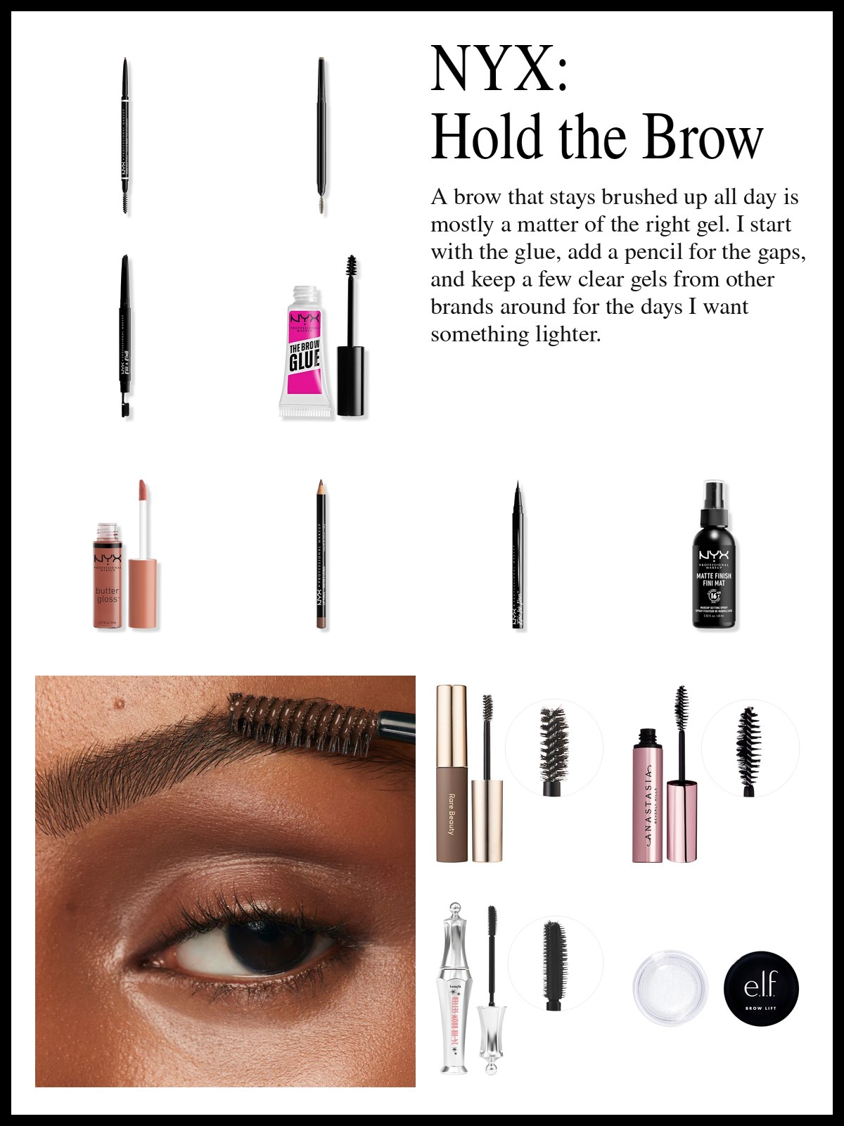Collage of NYX brow pencils and setting gel, lip gloss, liner and setting spray, and clear brow gels from other brands, and a mood photo of a brow being brushed up with a spoolie.
