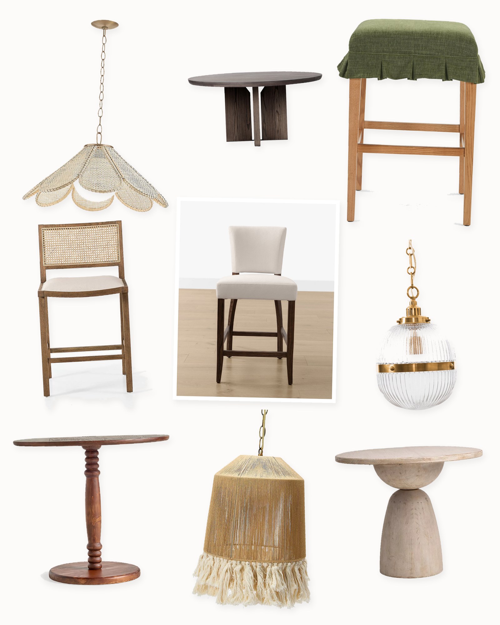 Collage on an off-white background showing Westcott Counter Stool, Miriam Round Dining Table, Hastings Pendant, Sage Performance Linen Bar and Counter Stool, Cabrera Reclaimed Wood Bistro Table, Petal Woven Rattan Pendant by Hudson Valley Lighting, Pemberton Counter Stool, Pierre Wood Bistro Table and Rya Fringe Pendant Light.