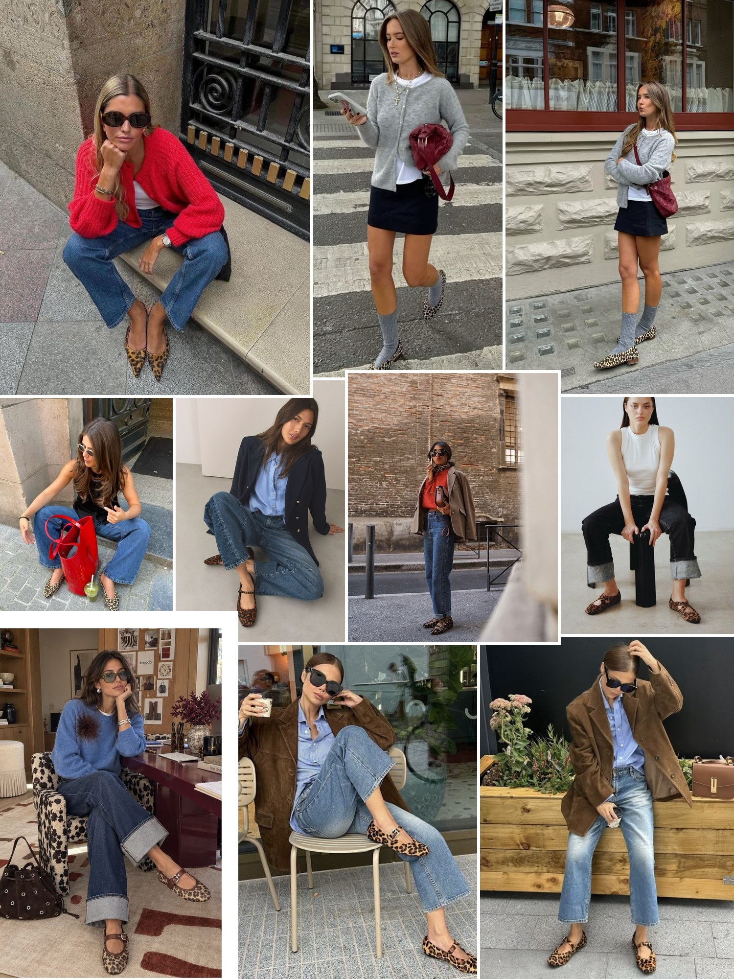 Street style collage of women wearing leopard flats