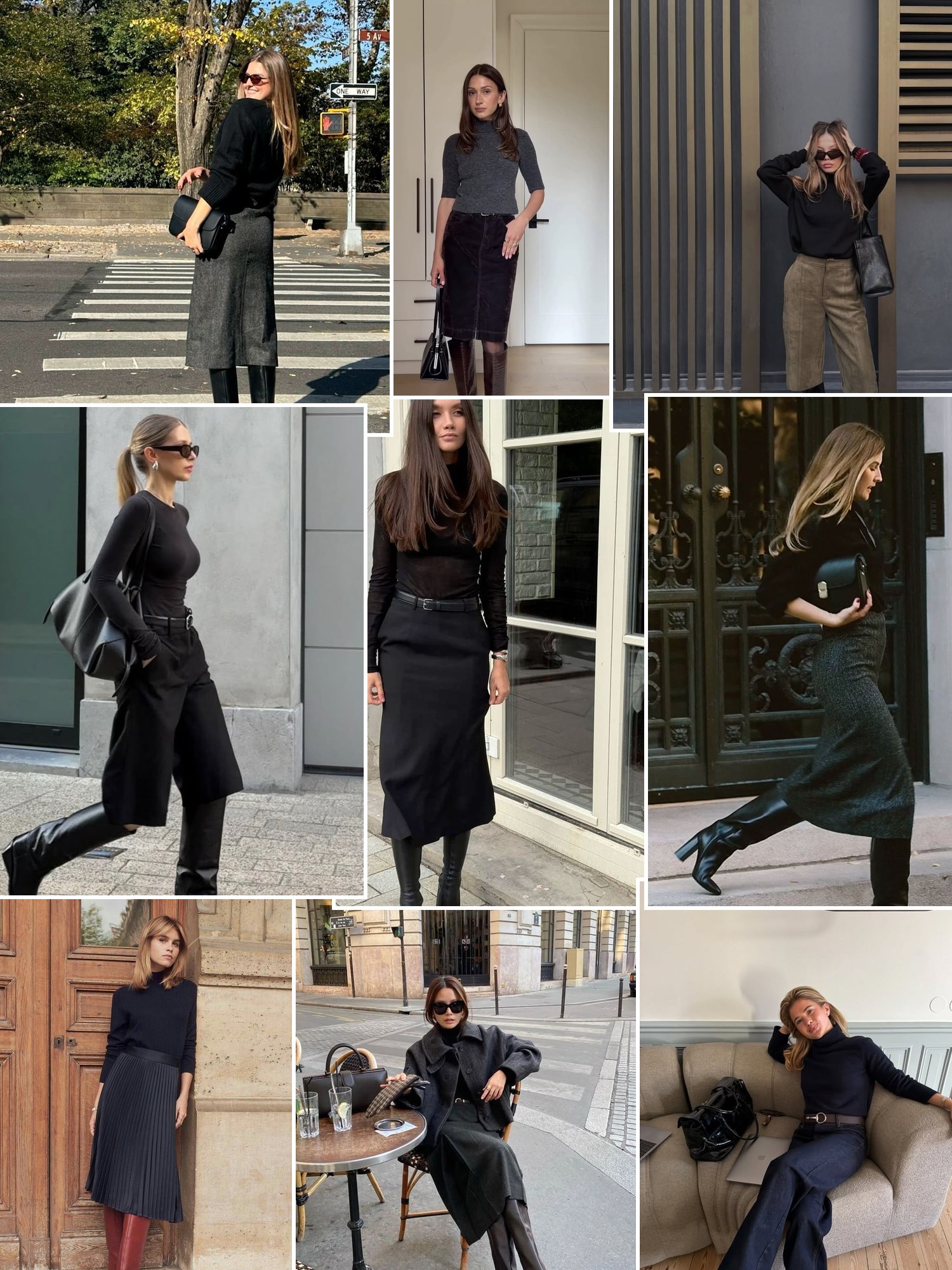 Collage of office outfits with tweed and tall boots