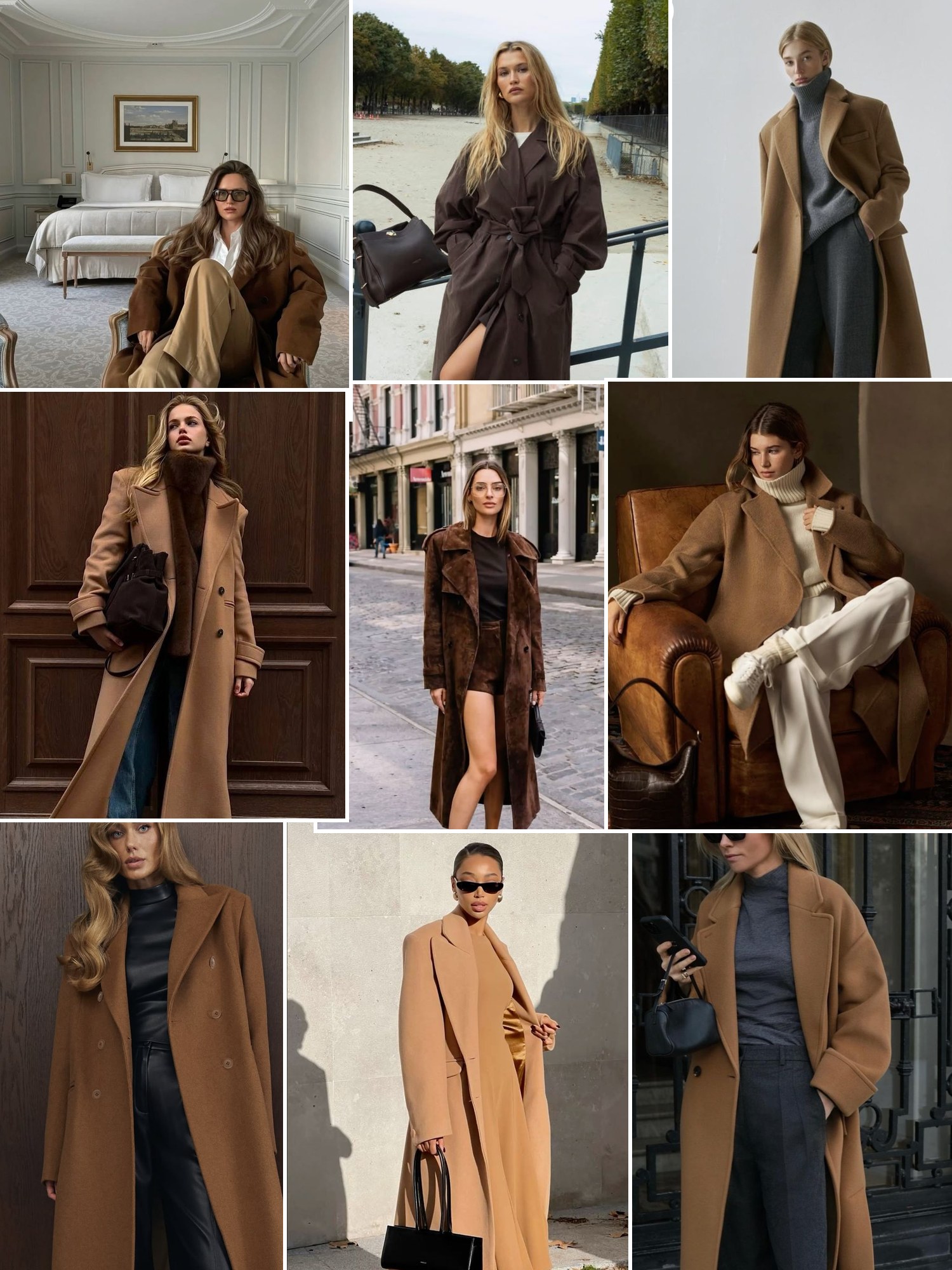 Collage of old money outfits with brown dresses and loafers