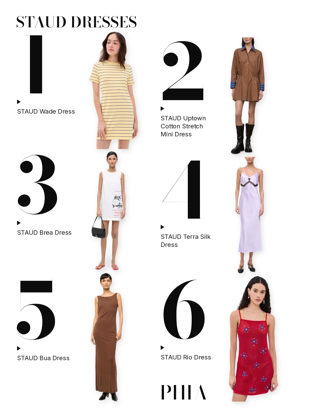 Numbered collage of six staud dresses from this edit: STAUD Wade Dress, STAUD Uptown Cotton Stretch Mini Dress, STAUD Brea Dress, STAUD Terra Silk Dress, STAUD Bua Dress and STAUD Rio Dress.