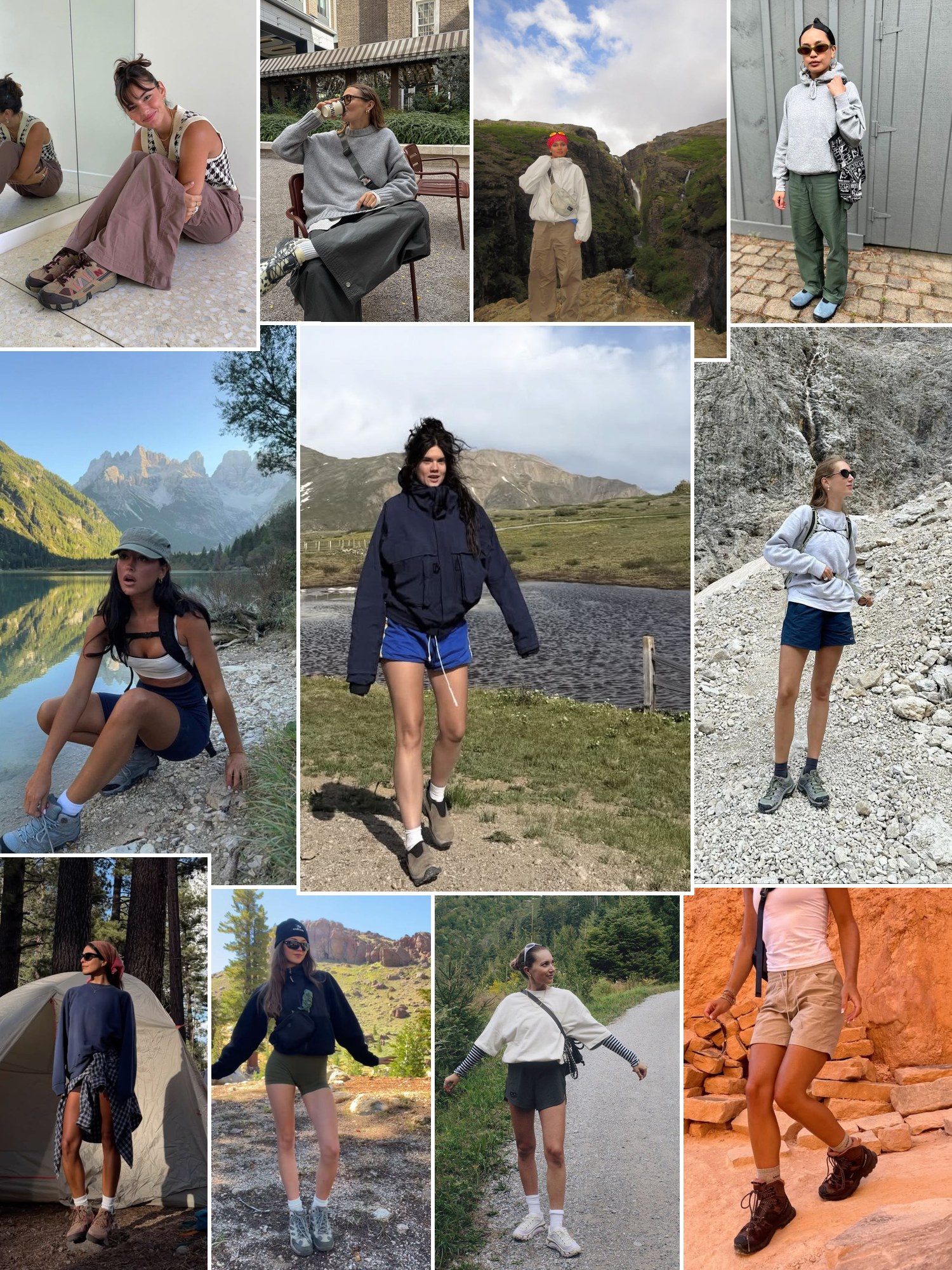Collage of everyday outfits built around Merrell shoes