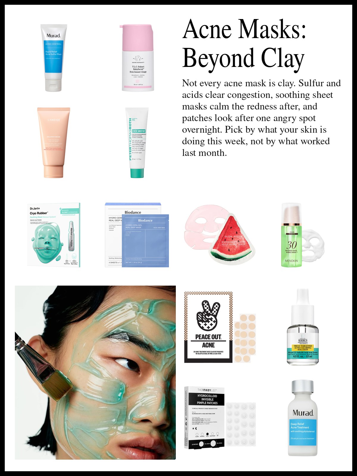 Collage of clarifying masks, soothing sheet masks and pimple patches beside a photo of a green mask being brushed onto a face.