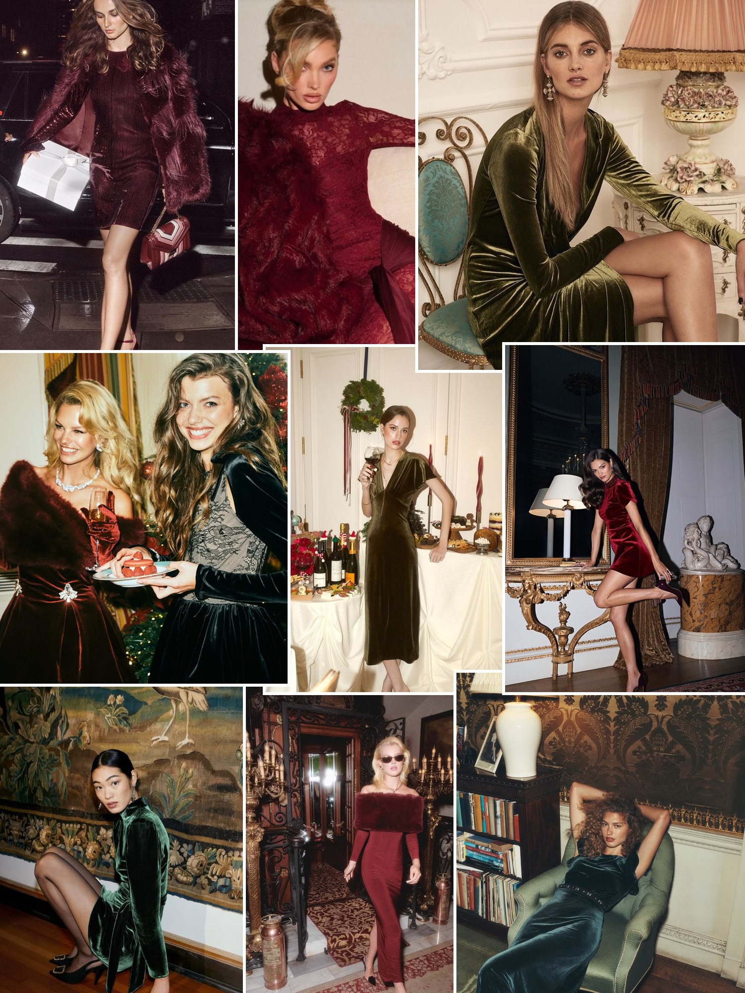 Street style collage of women in red and velvet Christmas party outfits