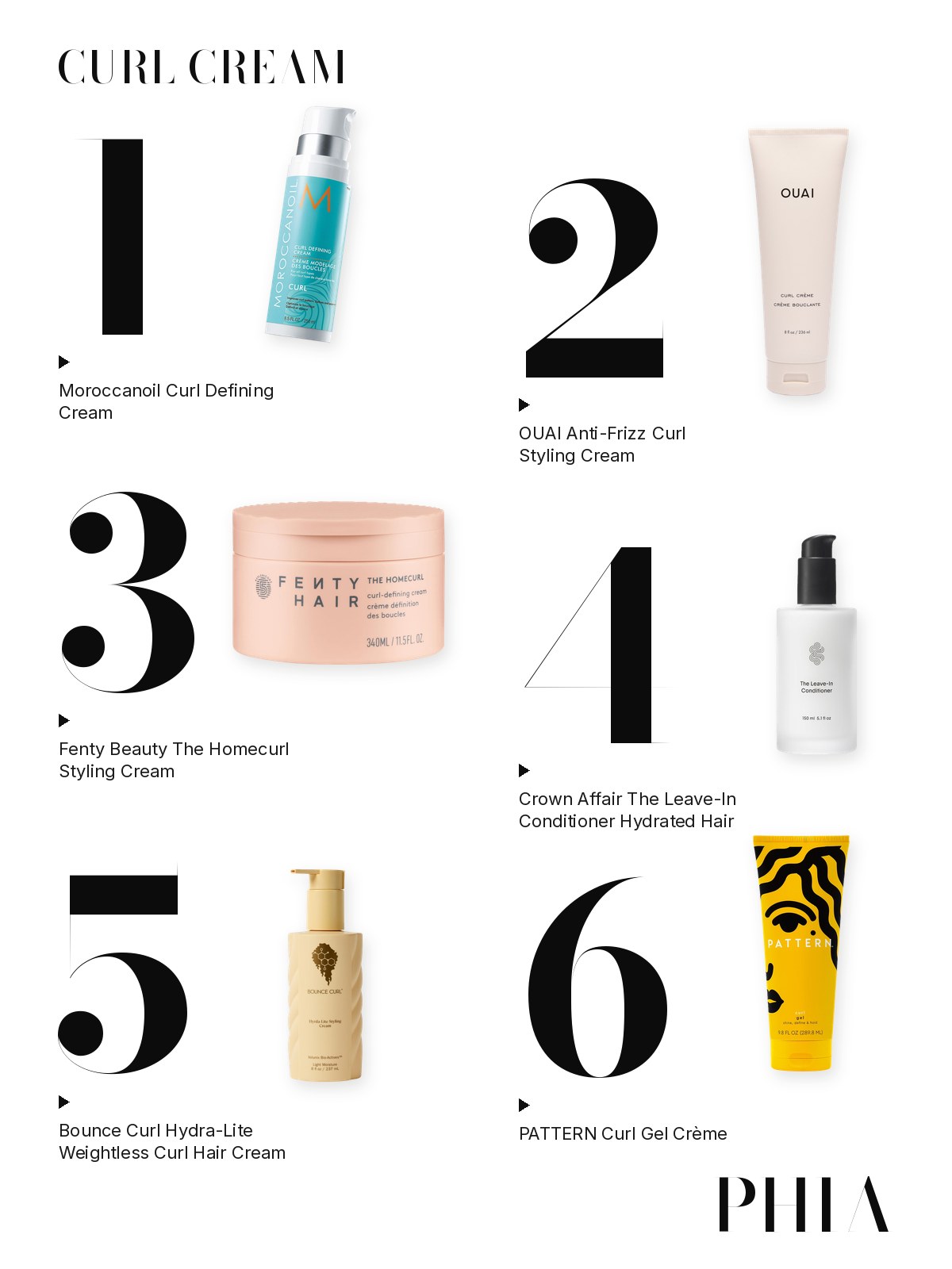 Big numbers collage for Curl Cream for Wavy Hair: six products from Moroccanoil, OUAI, Fenty Beauty, Crown Affair, Bounce Curl and Pattern, each set beside a large numeral