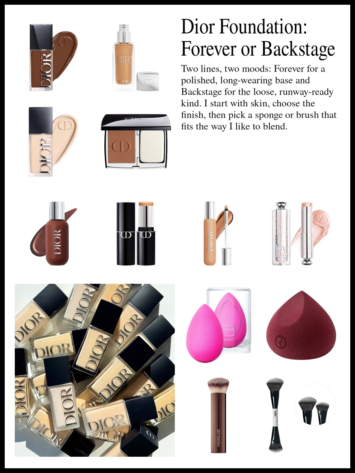 Collage of Dior Forever foundations, Backstage concealer and skin tint, sponges and foundation brushes beside a mood photo of a pile of Dior Forever foundation bottles.