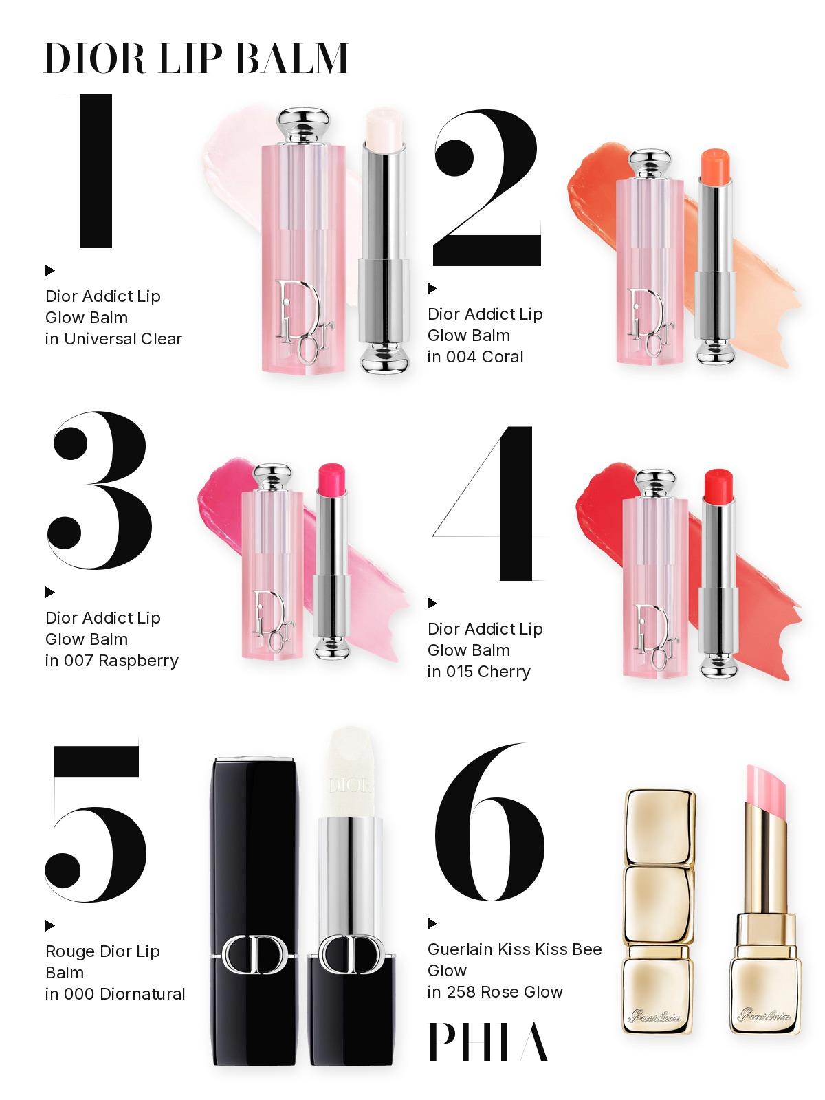 Big numbers collage titled DIOR LIP BALM, six products numbered one to six with each product set beside its number: Dior Addict Lip Glow Balm in Universal Clear, Dior Addict Lip Glow Balm in 004 Coral, Dior Addict Lip Glow Balm in 007 Raspberry, Dior Addict Lip Glow Balm in 015 Cherry, Rouge Dior Lip Balm in 000 Diornatural and Guerlain Kiss Kiss Bee Glow in 258 Rose Glow
