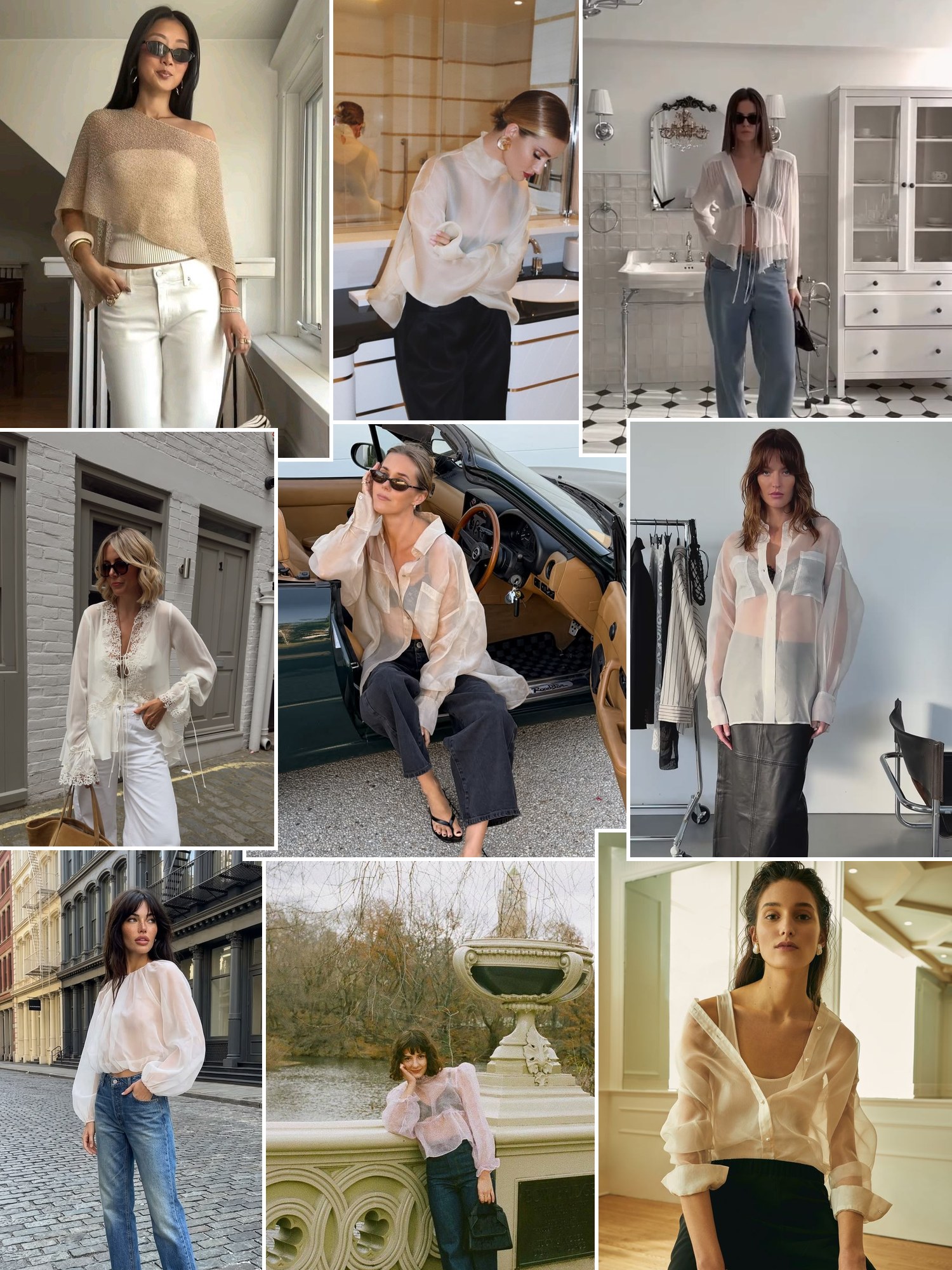Collage of sheer blouses layered over camisoles