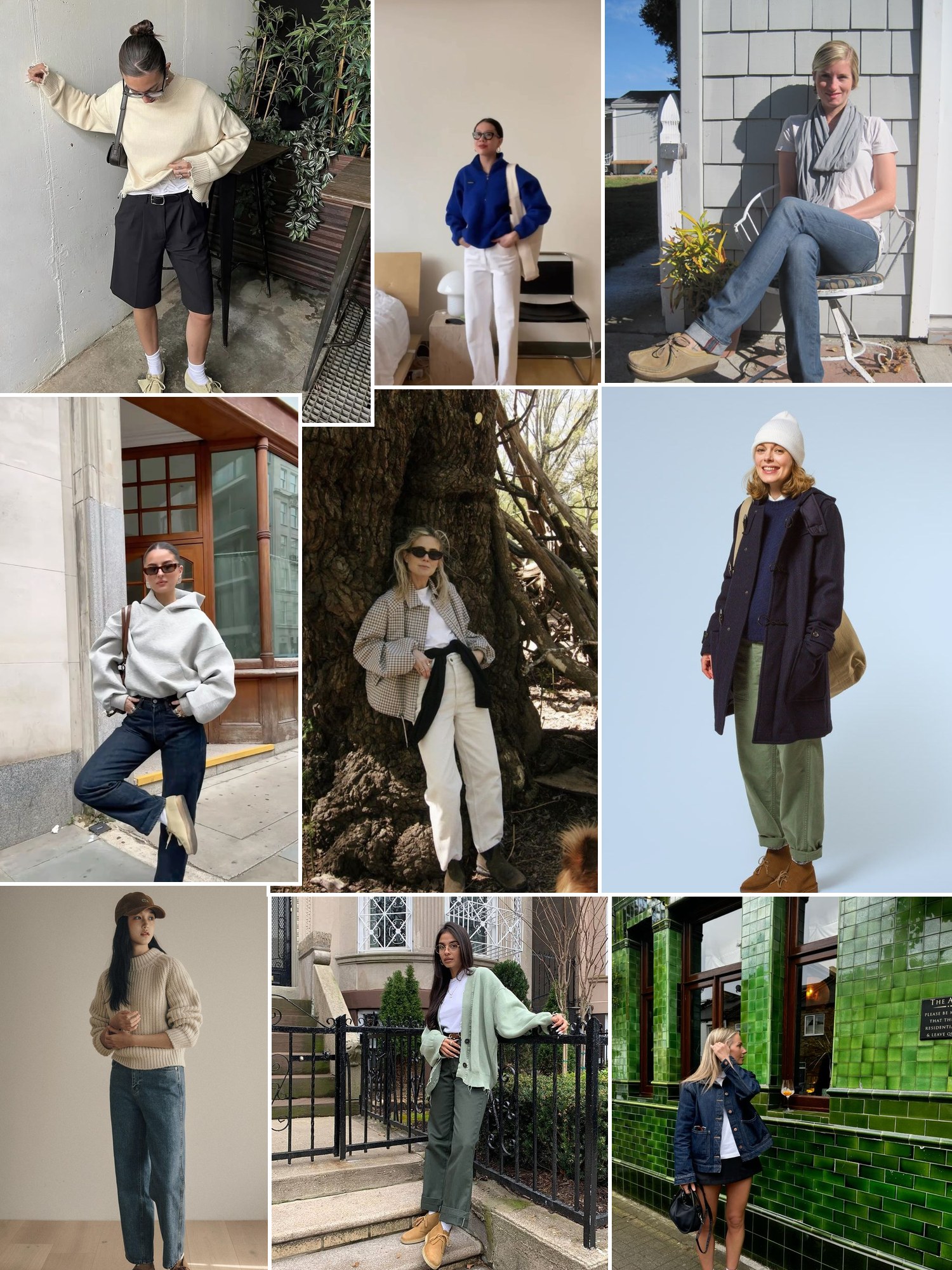 Street style collage of women wearing Clarks