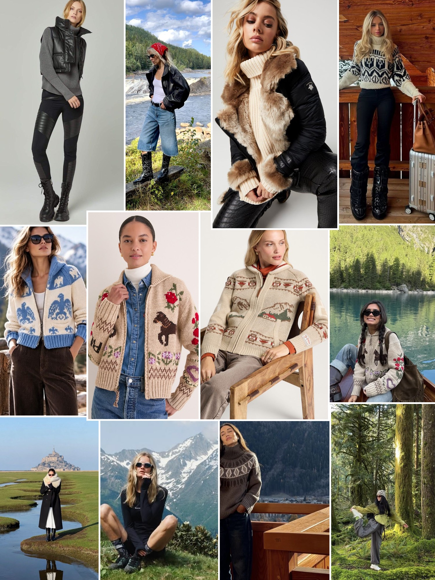 Collage of runway looks, campaign shots and street style outfits that capture the Alp N Rock mood