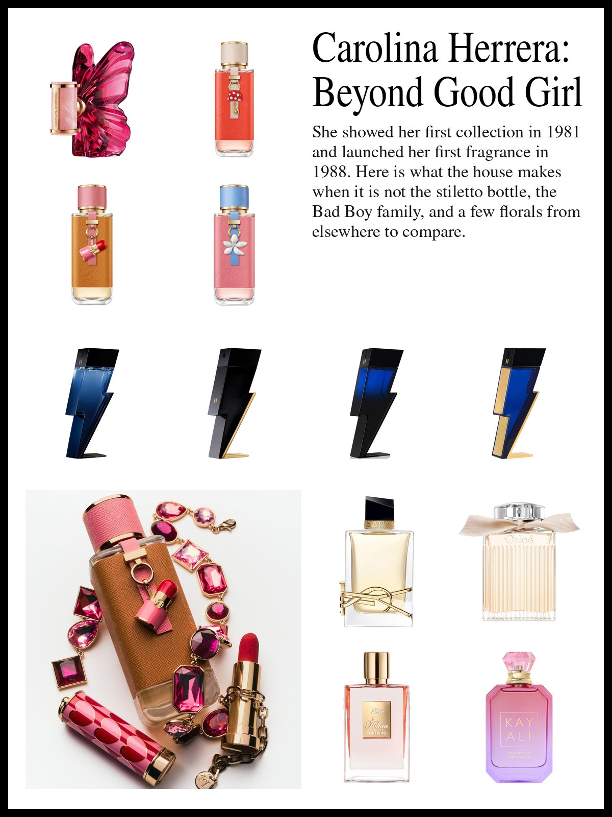 Collage of Carolina Herrera fragrance bottles and floral scents from other houses beside a photo of a woman in tinted rimless sunglasses and a navy polo, holding a pink quilted handbag with tiny charms above her head.