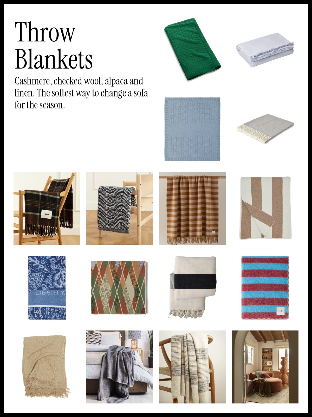Collage of cashmere, wool, alpaca and linen throws