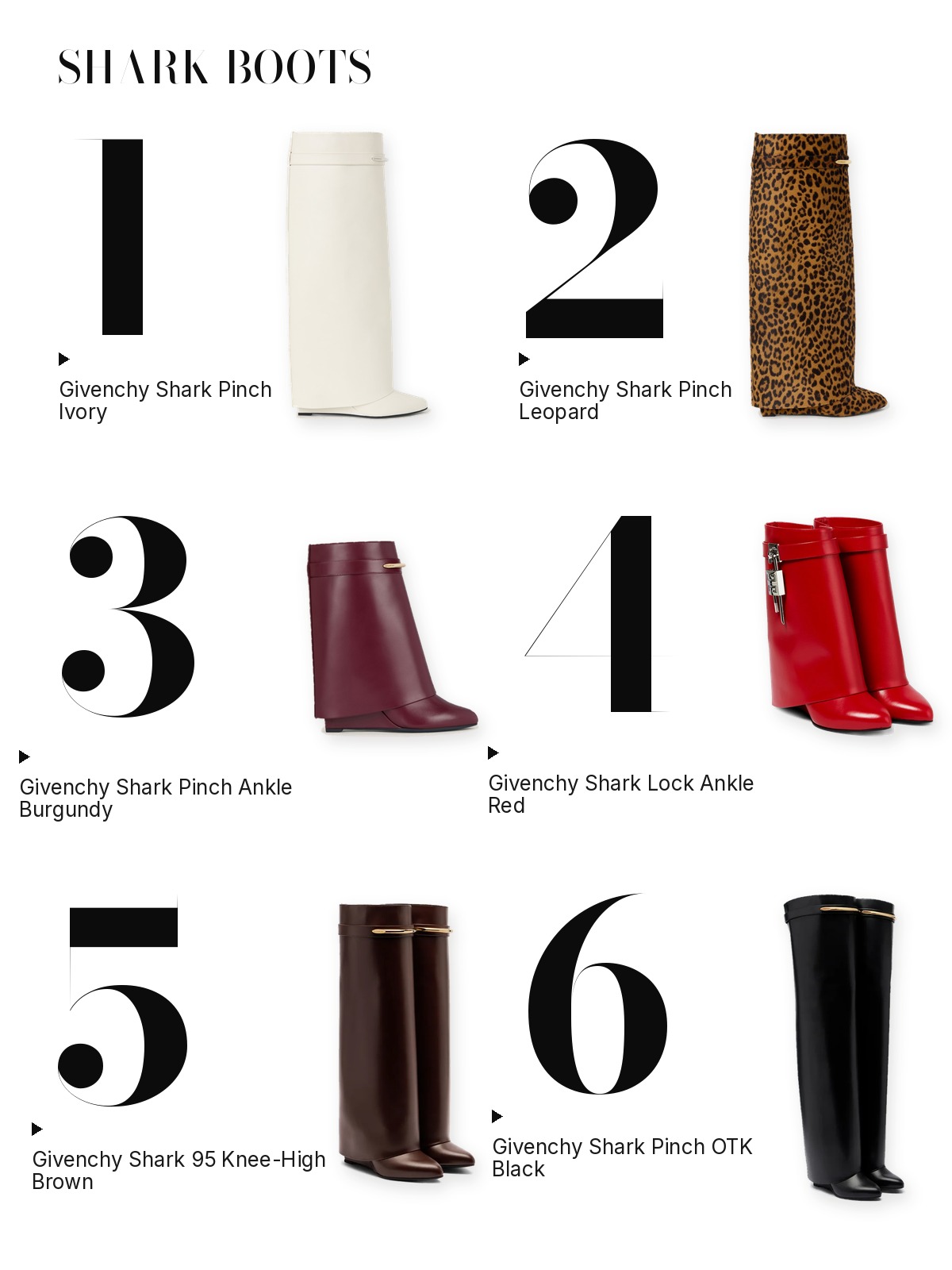 Big numbers collage of six Givenchy Shark boots: Pinch in ivory, leopard and burgundy, Lock in red, Shark 95 in brown and Pinch over-the-knee in black