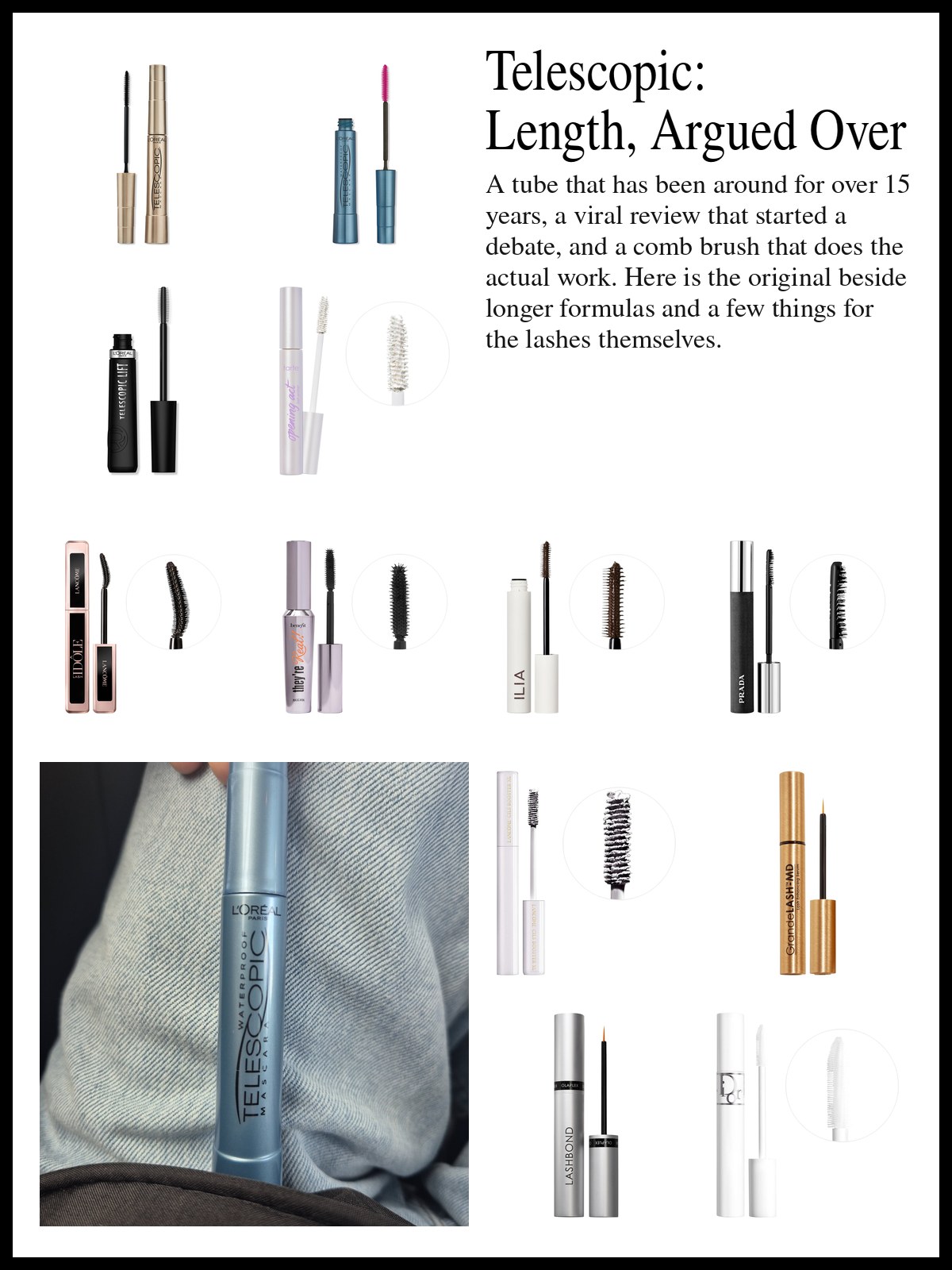 Collage of mascaras, lash primers and lash serums beside a flat lay photo of a silver mascara wand and glow fluid tube, a boarding pass, a banknote, a face roller and a yellow drawstring pouch.
