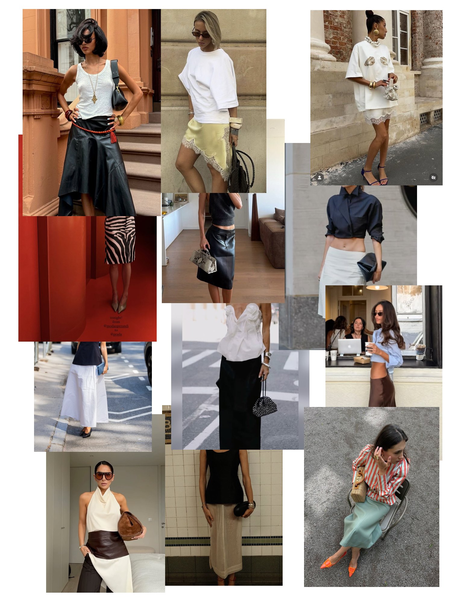 Street-style collage of 12 outfit photos featuring tops, scattered and overlapping