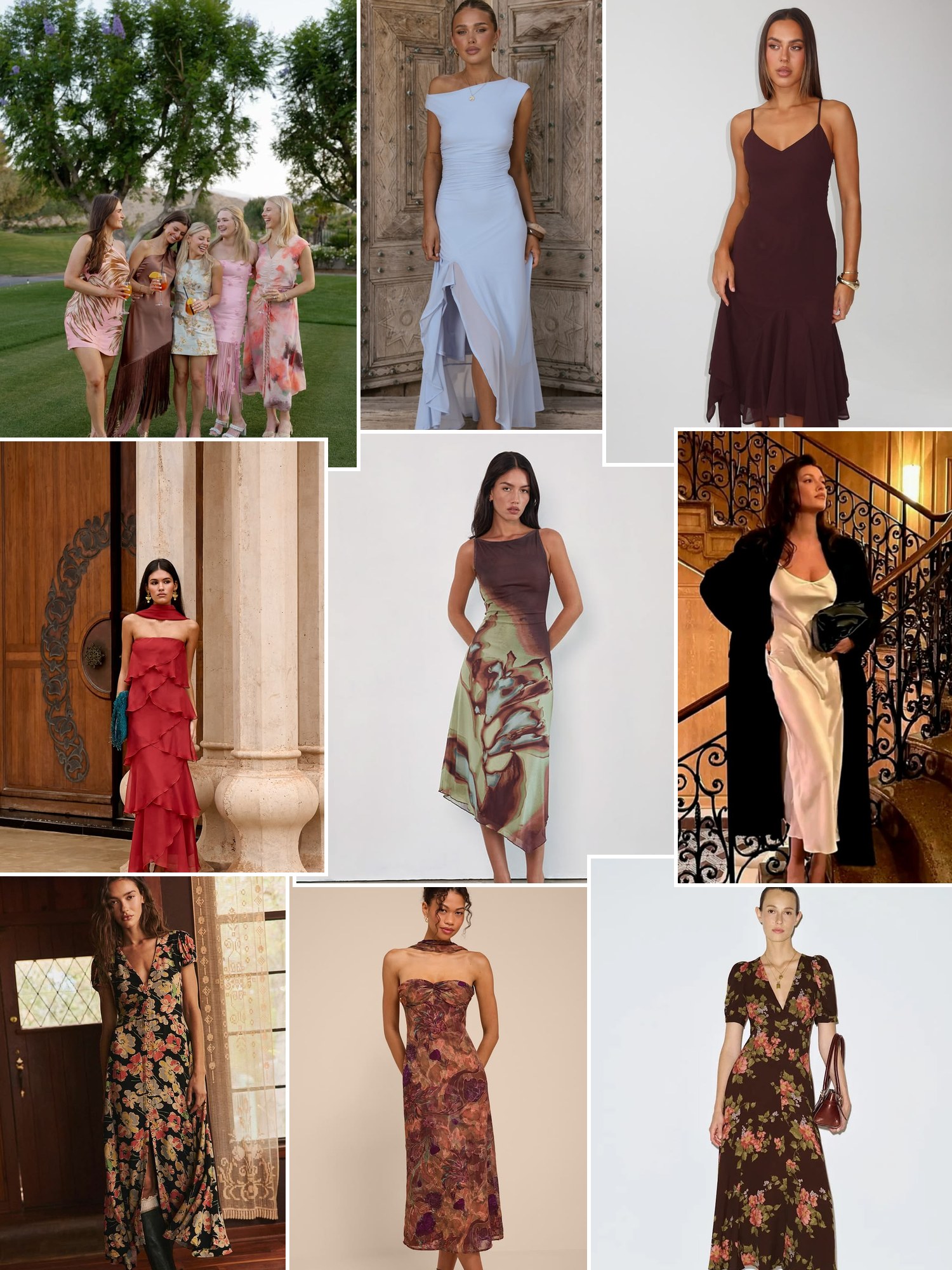 Collage of everyday outfits built around casual wedding guest dresses