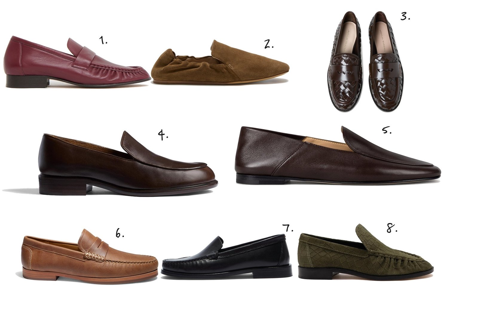 Numbered collage: 1. Mansur Gavriel Ruched Loafer in Oxblood; 2. Le Monde Béryl Orlando Moccasin in Taupe Suede; 3. Loeffler Randall Rachel Woven Leather Loafer in Espresso; 4. Khaite Miles Loafer in Vintage Brown; 5. Dear Frances Gio Loafer in Espresso; 6. Nisolo Leo Penny Loafer in Tobacco; 7. aeyde Arthur Apron Loafer; 8. Larroudé Margaux Loafer in Olive Croc Suede