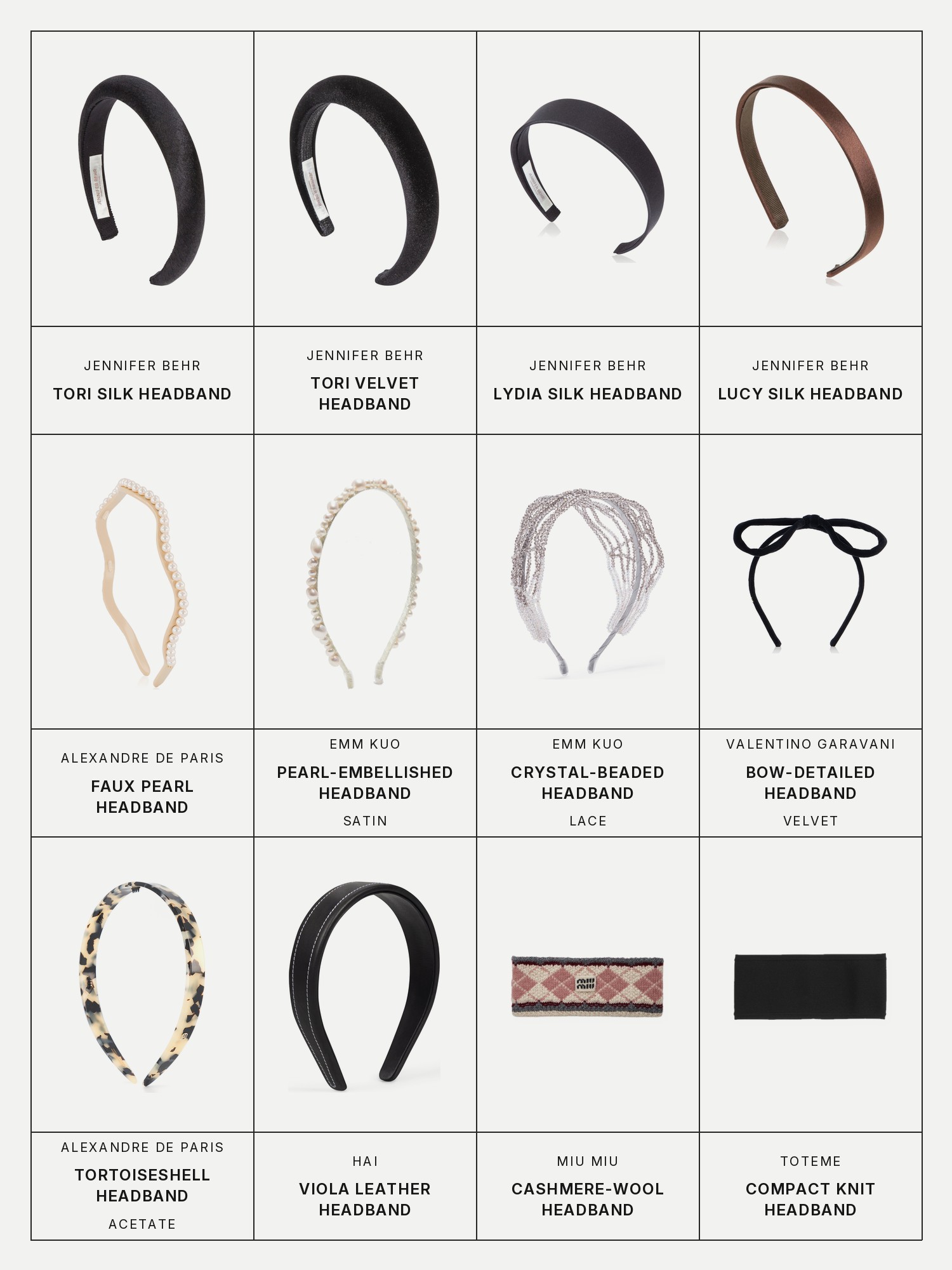Twelve boxes on a pale grey page, one for each product in this edit, each with its brand and name printed below: Jennifer Behr Tori Silk Headband, Jennifer Behr Tori Velvet Headband, Jennifer Behr Lydia Silk Headband, Jennifer Behr Lucy Silk Headband, Alexandre de Paris Faux Pearl Headband, Emm Kuo Pearl-Embellished Satin Headband, Emm Kuo Crystal-Beaded Lace Headband, Valentino Garavani Bow-Detailed Velvet Headband, Alexandre de Paris Tortoiseshell Acetate Headband, Hai Viola Leather Headband, Miu Miu Cashmere-Wool Headband and Toteme Compact Knit Headband.