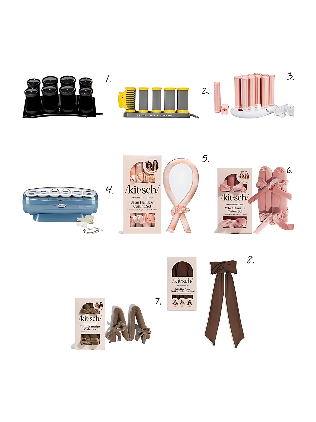 Numbered collage: 1. T3 Volumizing Hot Rollers LUXE for Volume, Body, and Shine; 2. Drybar The Roller Club Curling Hot Hair Rollers; 3. Calista ION Hot Rollers Gen 2 - Long; 4. BaBylissPRO Nano Titanium Professional 12 Jumbo Hair Roller Set; 5. Kitsch Sunset Tie Dye Satin Heatless Curling Set; 6. Kitsch Terracotta Velvet Heatless Curling Set; 7. Kitsch Eucalyptus Velvet XL Heatless Curling Set; 8. Kitsch Chocolate Brown Set & Flow Active Curling Headband