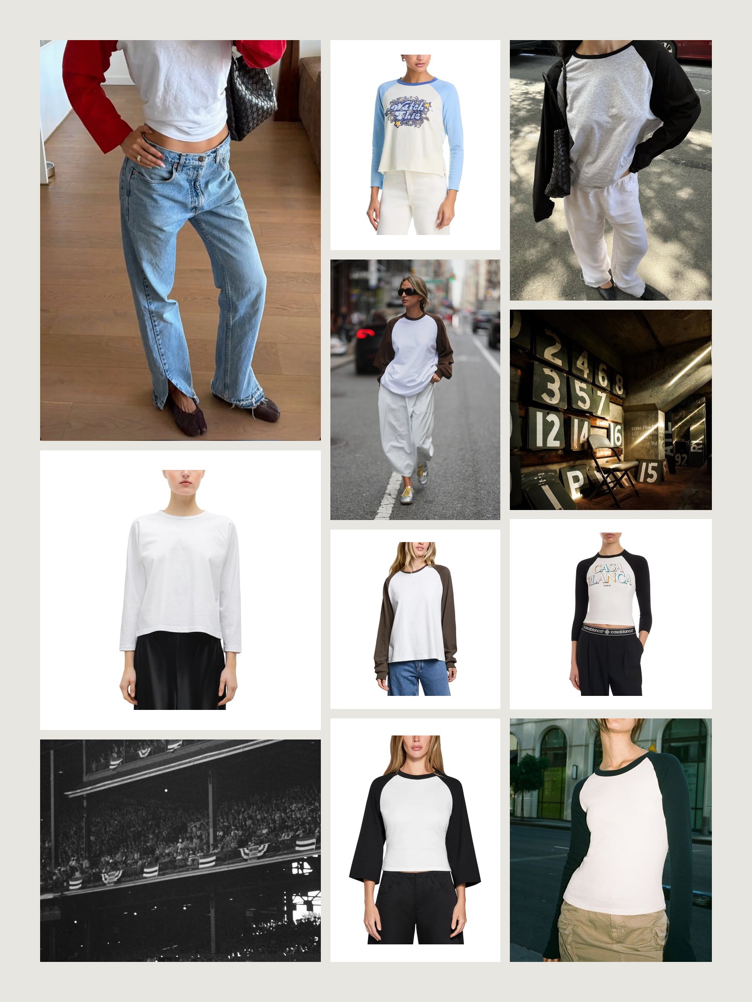 Vibe collage for long-sleeve baseball tees: raglans layered with jeans, an old black and white ballpark and long-sleeve tees from the grid below