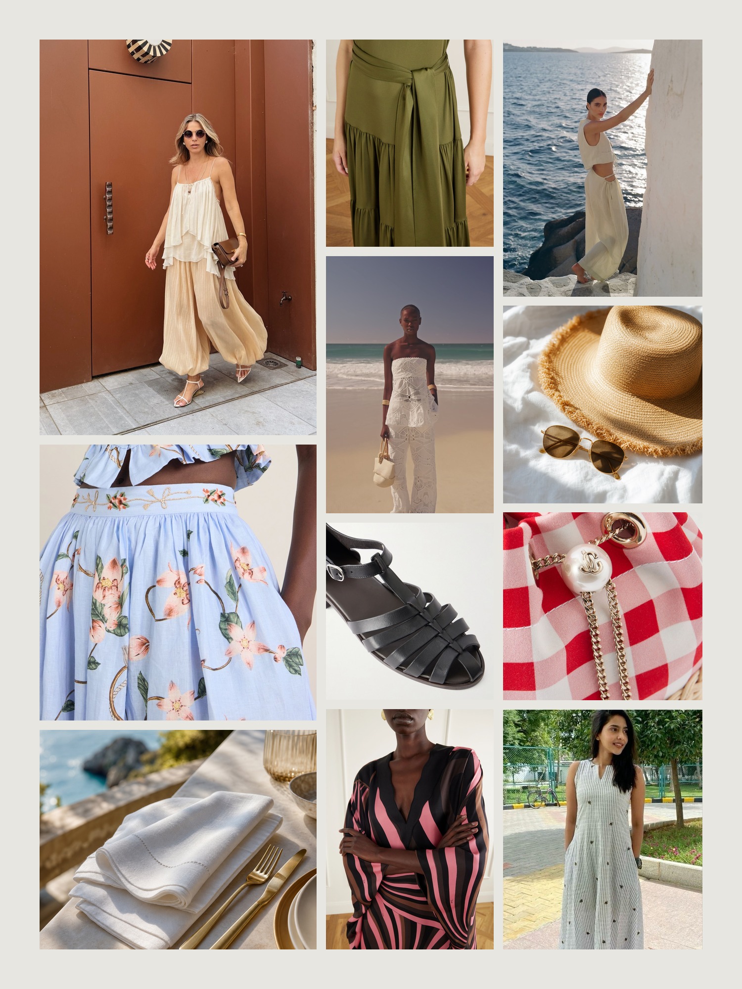 Mood board of resort casual in white linen and gold