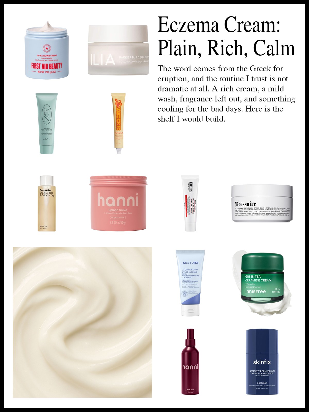 Collage of barrier creams, body wash and soothing balms beside a photo of cream blush pots, balm tubes and a lipstick tucked into a stack of soft, folded ivory wool.