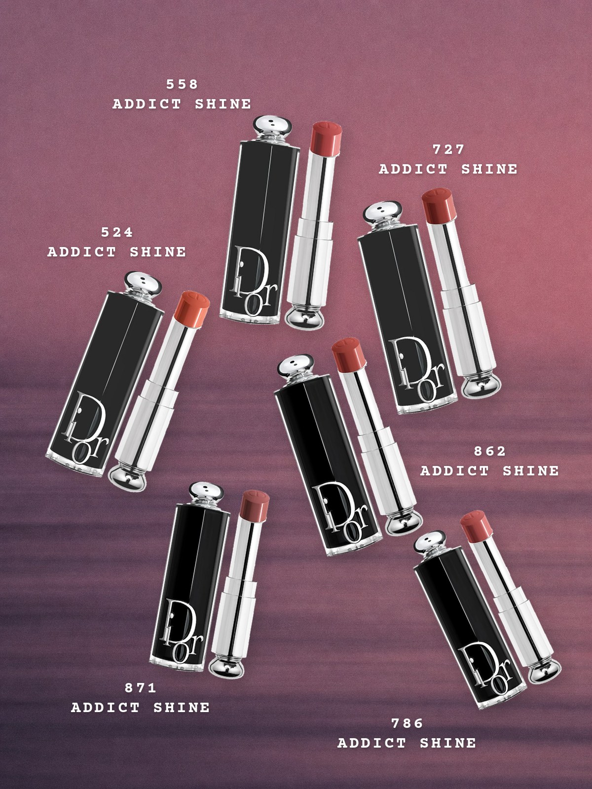 Floating-products collage featuring Dior Addict Shine Lipsticks in shades 558, 727, 524, 862, 871, and 786.