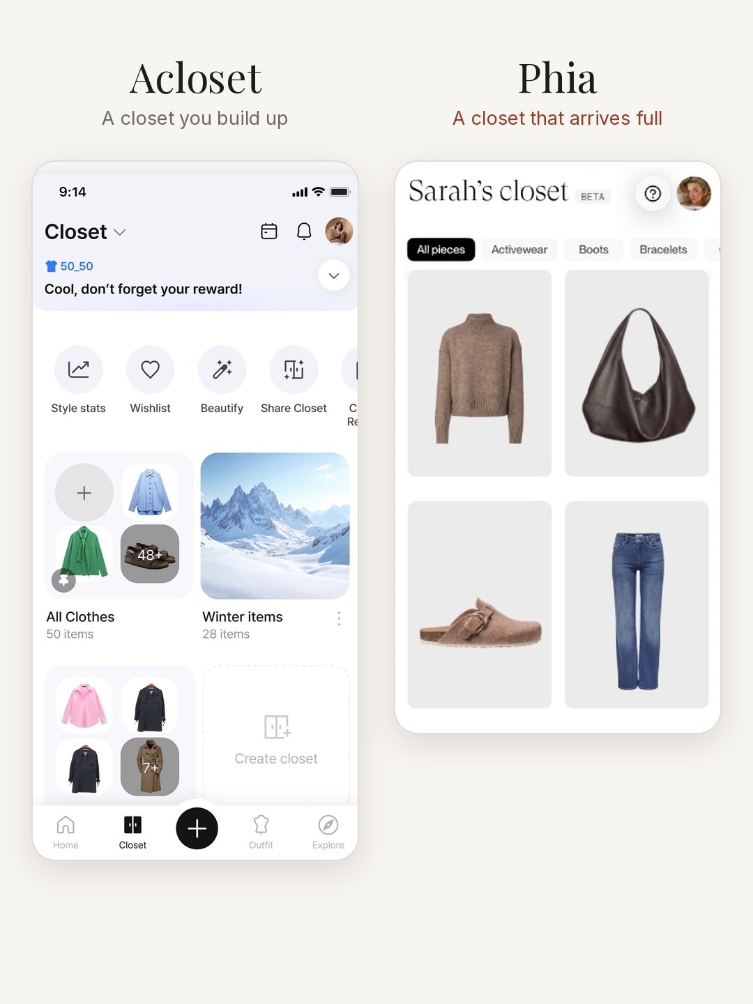 Side by side: Acloset's closet with All Clothes and Winter items, next to Sarah's full Phia closet
