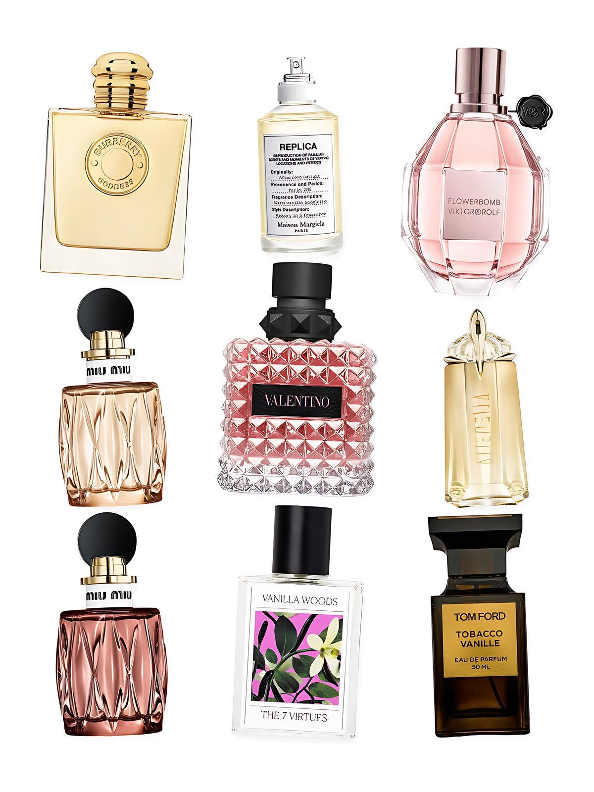 Collage on a white background showing Mugler Alien Goddess Eau de Parfum with Bourbon Vanilla & Jasmine, Tom Ford Tobacco Vanille Eau de Parfum with Tonka Bean & Ginger, Viktor&Rolf Flowerbomb Eau de Parfum with Vanilla & Jasmine, Valentino Donna Born in Roma Eau de Parfum with Bourbon Vanilla & Jasmine, The 7 Virtues Vanilla Woods Eau de Parfum, Miu Miu Miutine Eau de Parfum with Strawberry & Vanilla, Miu Miu Miutine Intense Eau de Parfum with Blackberry and Bourbon Vanilla, Maison Margiela 'REPLICA' Afternoon Delight Eau de Toilette with Vanilla, Madeleine & Sandalwood and Burberry Burberry Goddess Eau de Parfum with Vanilla & Lavender.