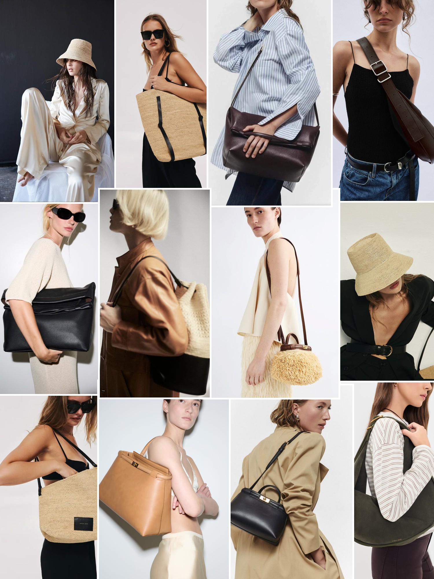 Collage of handbags carried with polished city outfits that capture the Janessa Leone mood