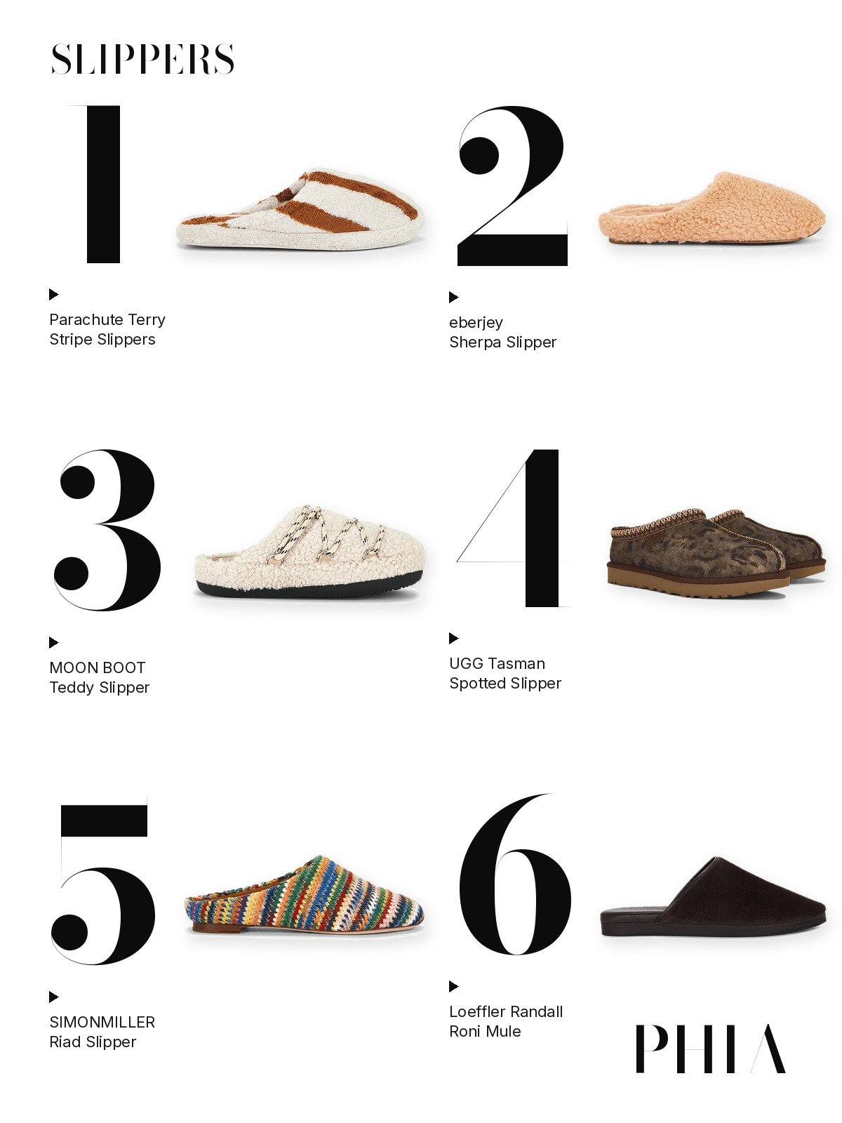 Six slippers, numbered one to six