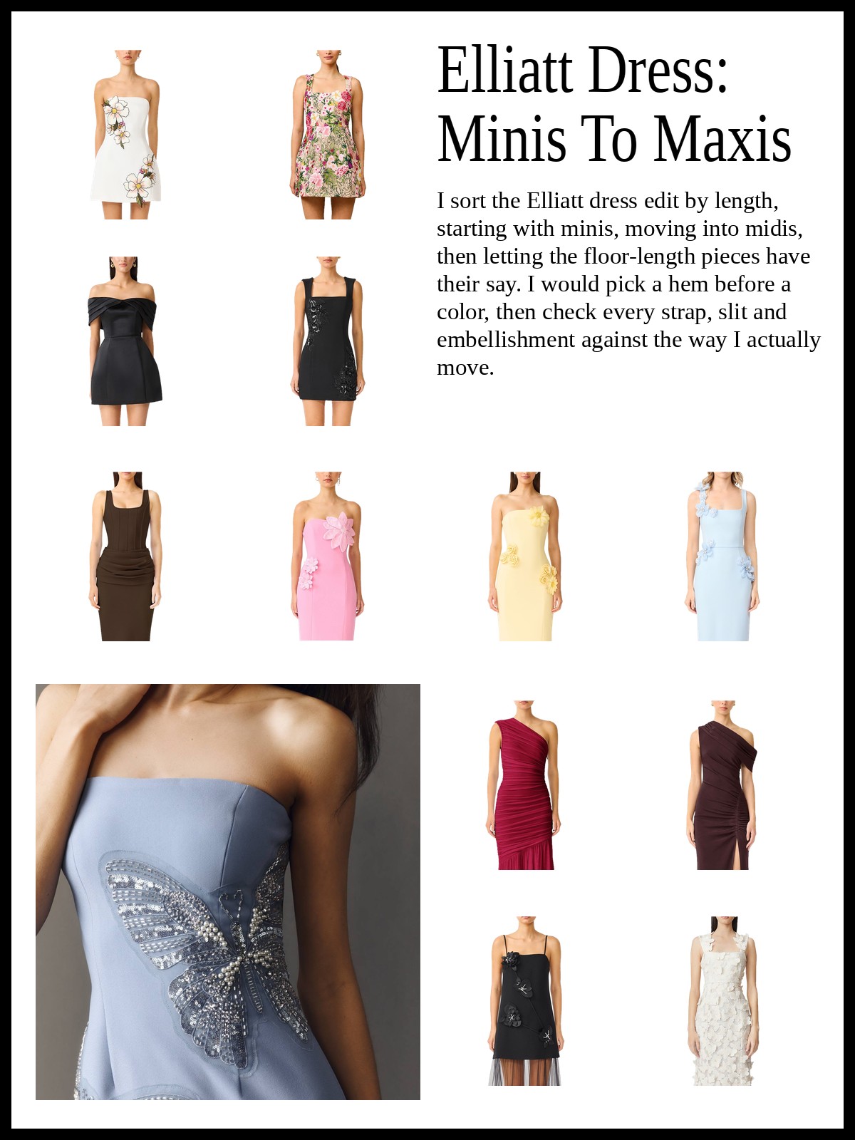 Collage of floral and embellished mini dresses, appliqué and structured midi dresses, and maxi dresses and occasion gowns, and a mood photo of a close-up of a blue strapless dress with a beaded butterfly