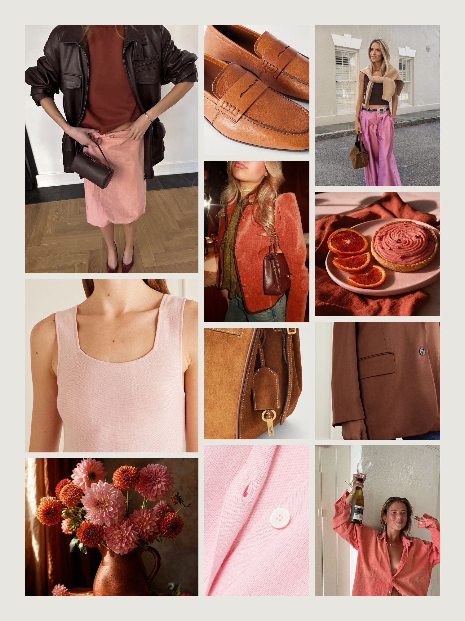 Mood board for rust and pink outfits: four street-style photos of women wearing rust and pink, close-ups of the Polo Ralph Lauren tote, the Dries Van Noten loafers, the &Daughter cardigan, the Khaite midi dress and the Another Tomorrow blazer from this edit, and two still lifes in both colors