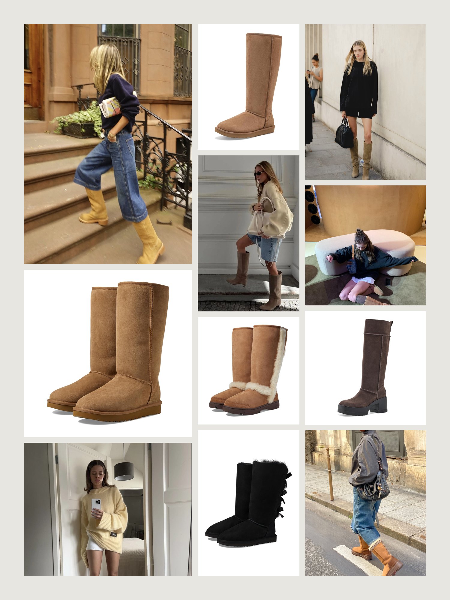 A mood board of tall UGG boots worn with jeans tucked in and short skirts, with the Classic Tall II, Ultra Tall, Sunburst, Bailey Bow Tall and Moxy Knee-High