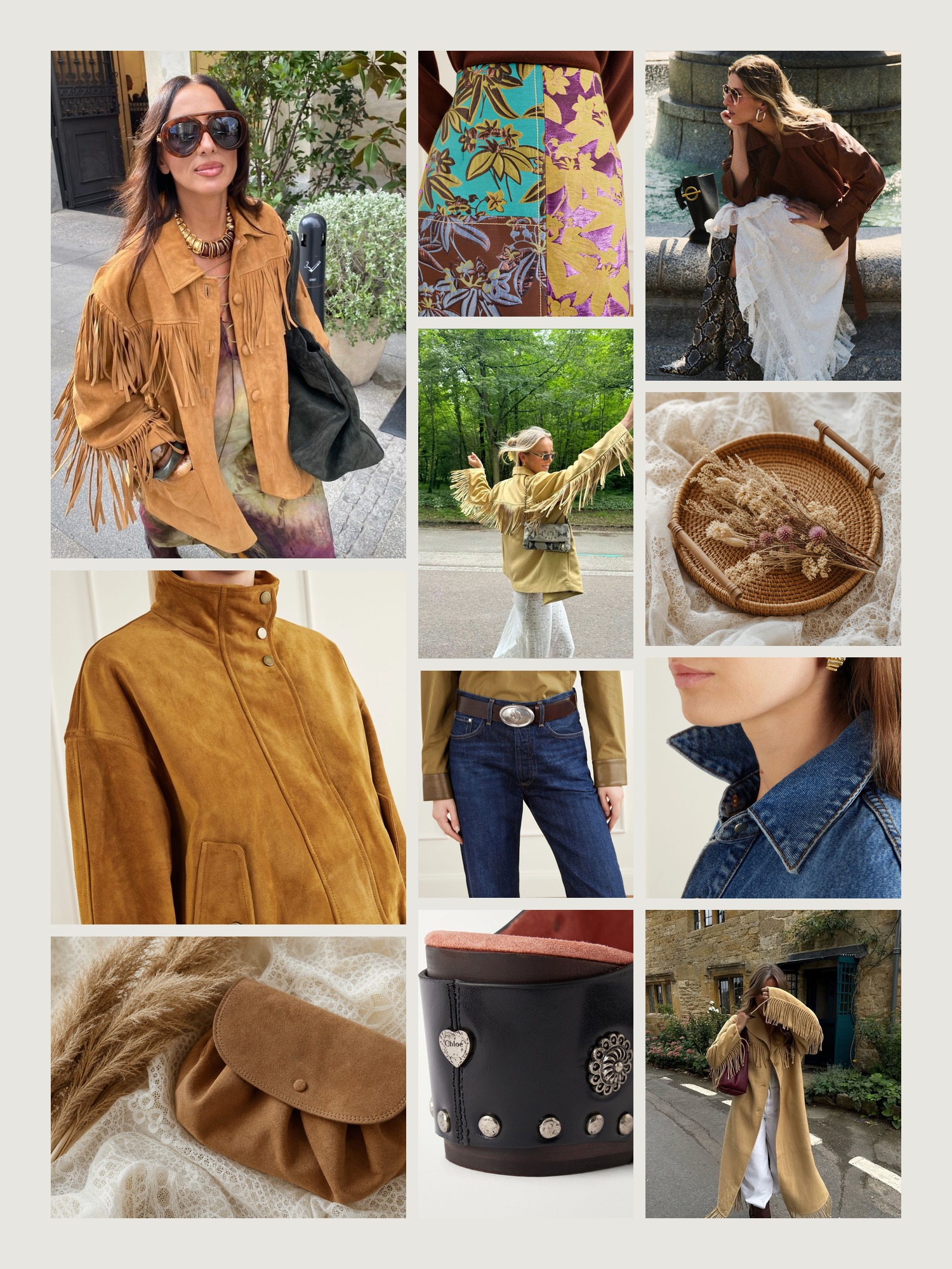 Mood board of boho style in tan suede and cream lace