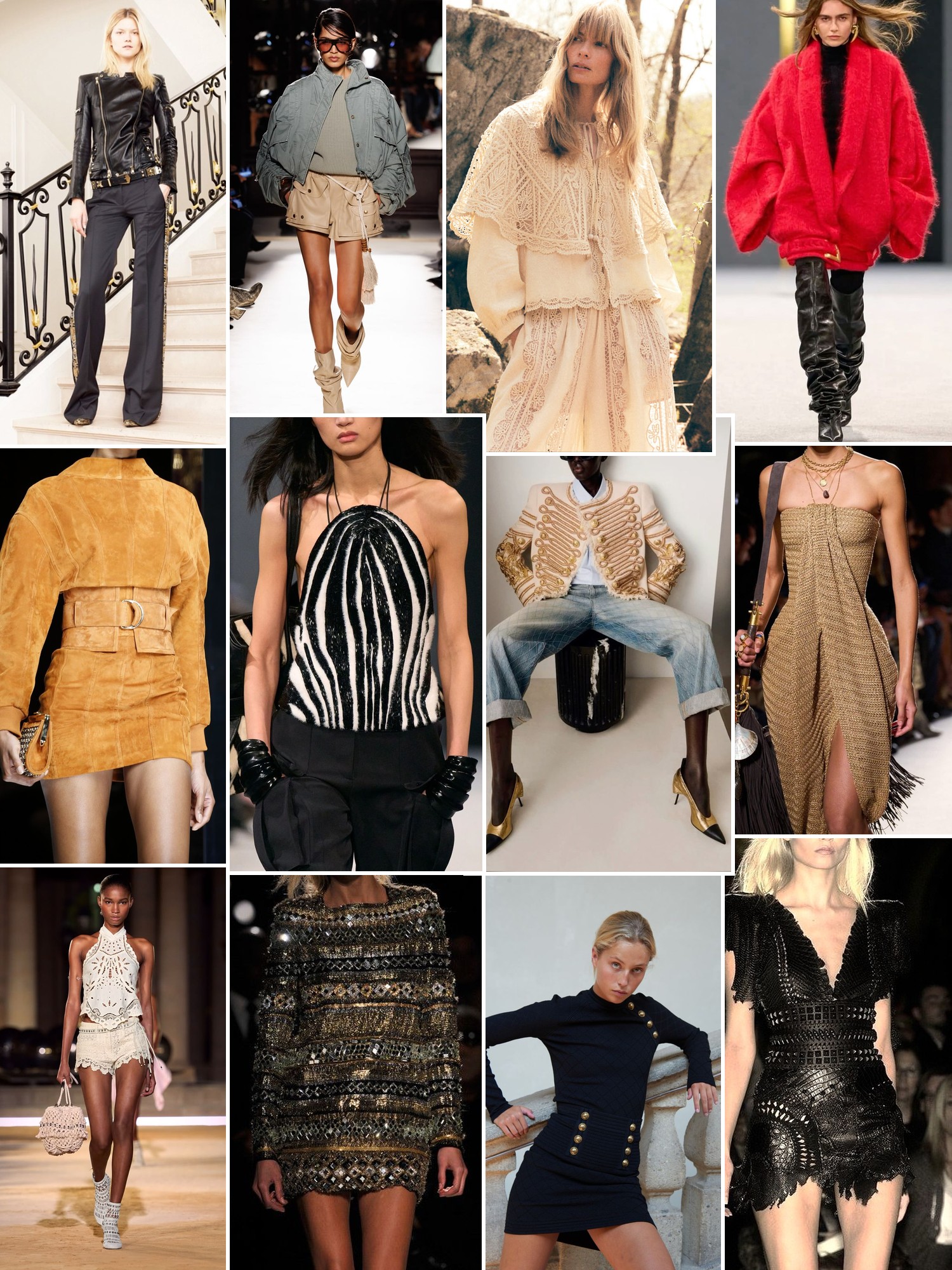 Collage of runway looks, campaign shots and street style outfits that capture the Balmain mood
