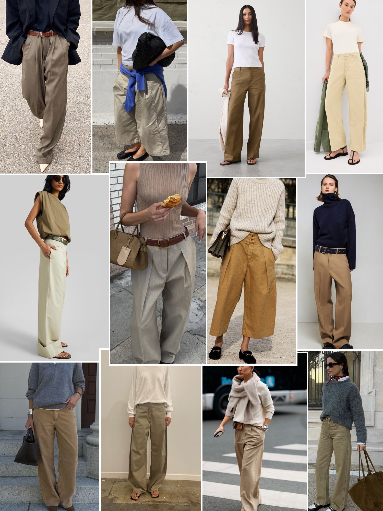 Collage of everyday outfits built around khaki pants