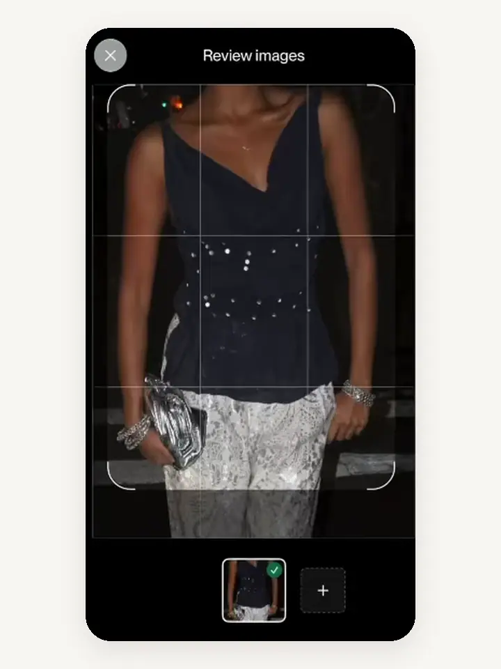 Phia turning an outfit photo into closet pieces, then opening an item page with More like this