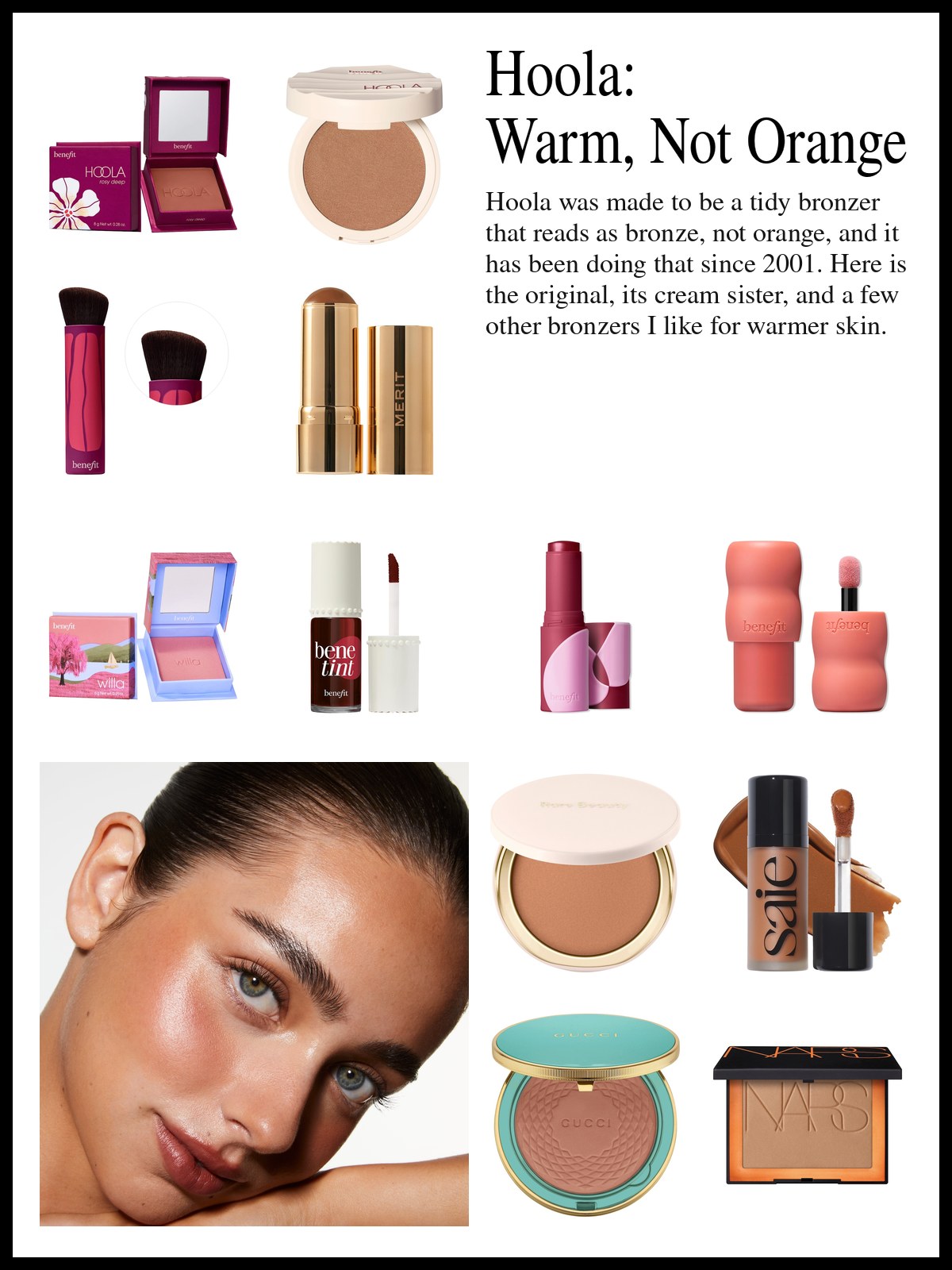 Collage of bronzer compacts, cream balms, blushes and a bronzer brush, and a mood photo of a sun-warmed glowing portrait.